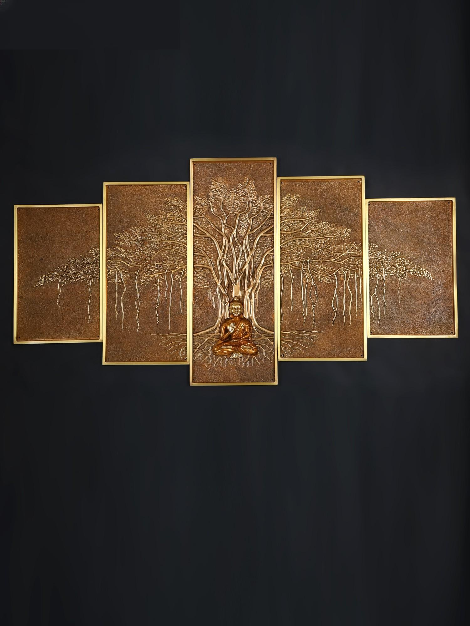 58" Large Lord Buddha Seated Under The Bodhi Tree / Set of Five / Wall Hanging: Title: 58" Large Lord Buddha Seated Under The Bodhi Tree / Set of Five / Wall Hanging Description: Large : 30 inch Height X 11.5 inch Width X 2 inch Length Medium : 25 inch Height X 11.5 inch Width X