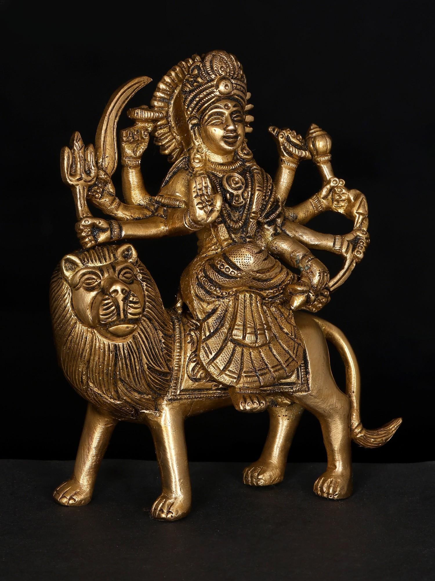 6" Small Eight Armed Goddess Durga (Sherawali Maa) / Brass Statue - 2