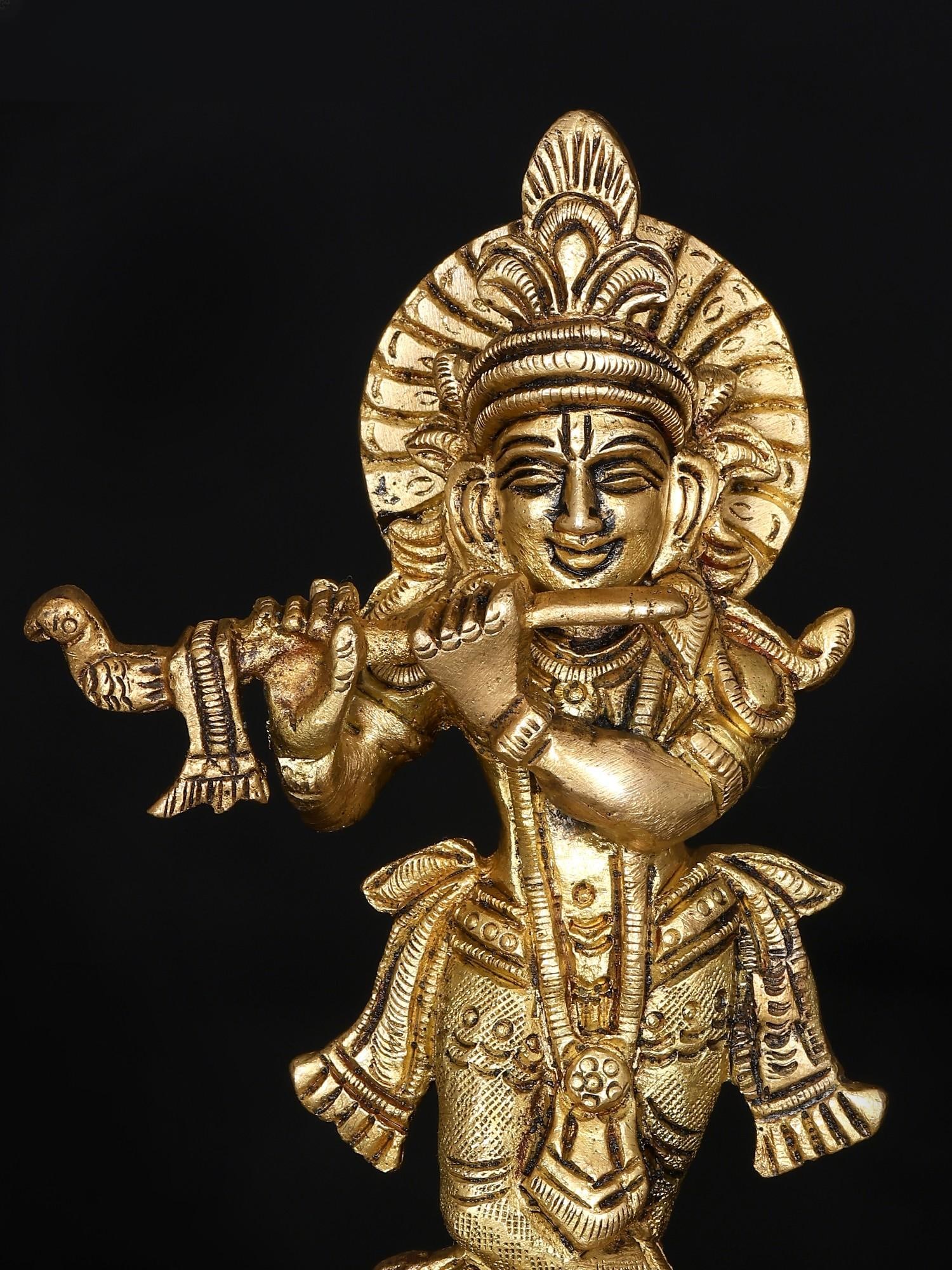 6" Small Fluting Lord Krishna / Brass Statue - 2