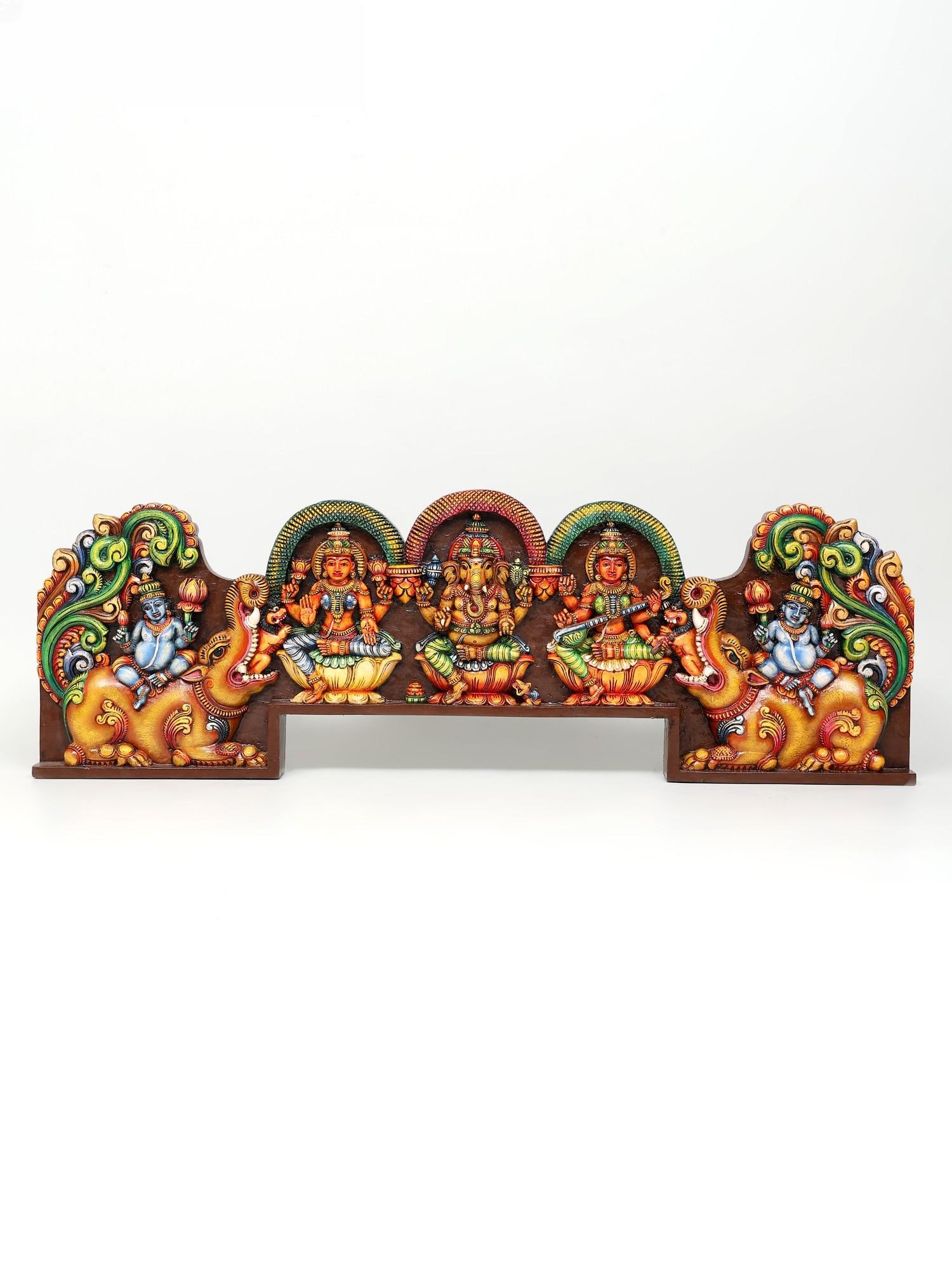 54" Large Lakshmi Ganesha Saraswati Colorful Wall Panel / Wood Carving: Title: 54" Large Lakshmi Ganesha Saraswati Colorful Wall Panel / Wood Carving Description: Additional Information: itemcode: DDP230 Reserve: $1,444.00 Shipping: Domestic: Shipping rates are determined