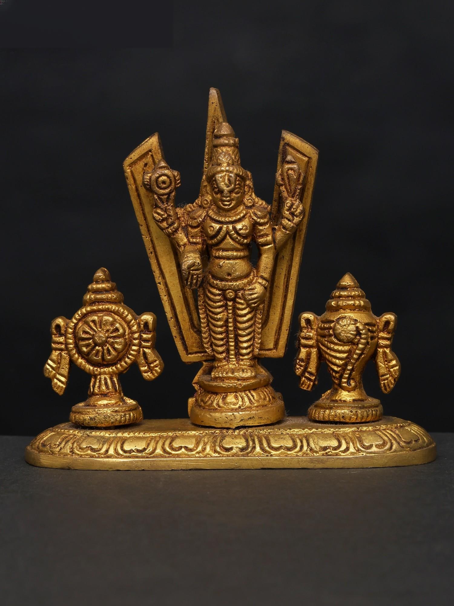 4" Small Tirupati Balaji (Venkateshvara) with Vaishnava Symbols / Brass Statue: Title: 4" Small Tirupati Balaji (Venkateshvara) with Vaishnava Symbols / Brass Statue Description: Additional Information: itemcode: DDP244 Reserve: $103.00 Shipping: Domestic: Shipping rates are dete