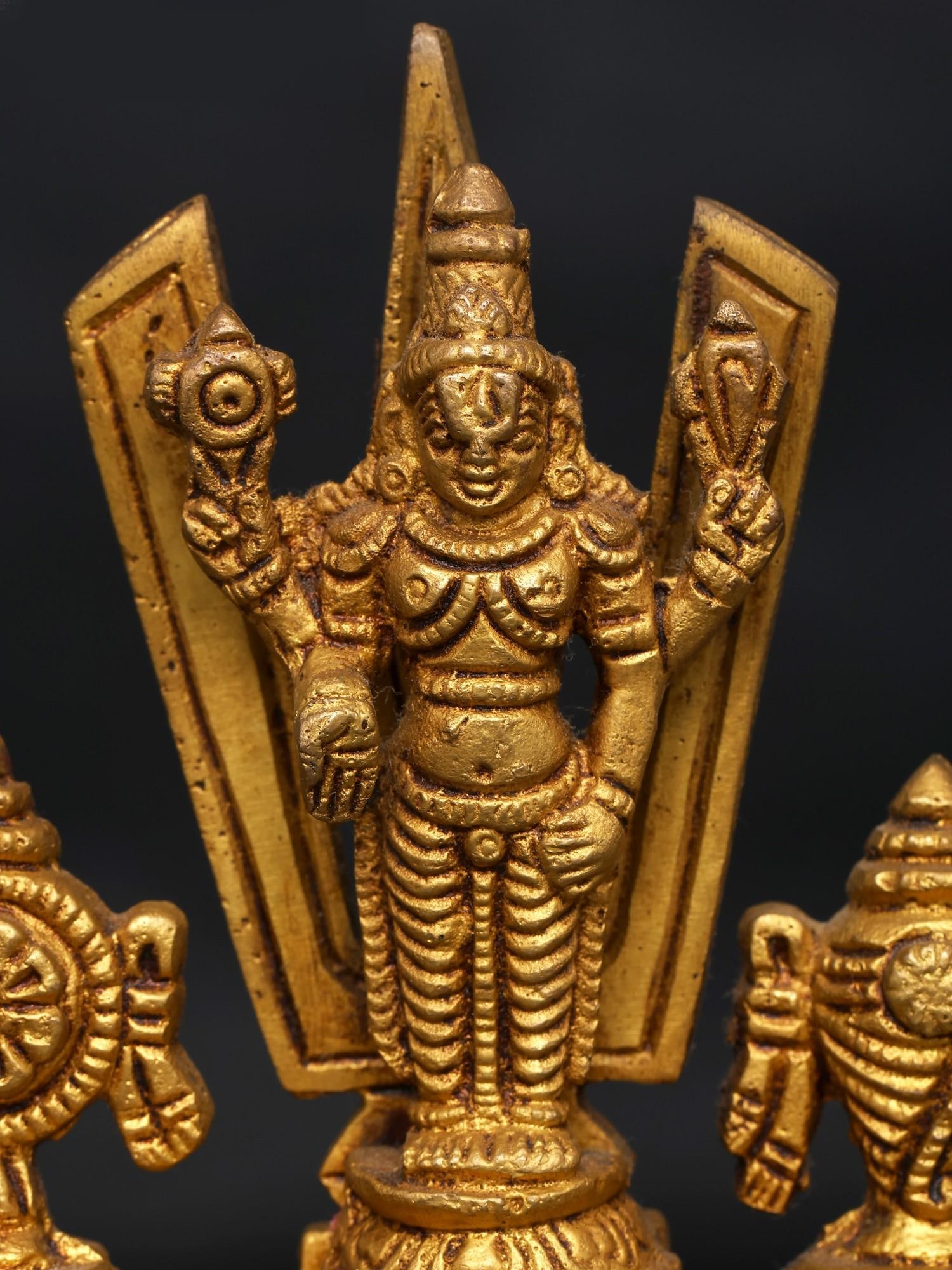 4" Small Tirupati Balaji (Venkateshvara) with Vaishnava Symbols / Brass Statue - 2
