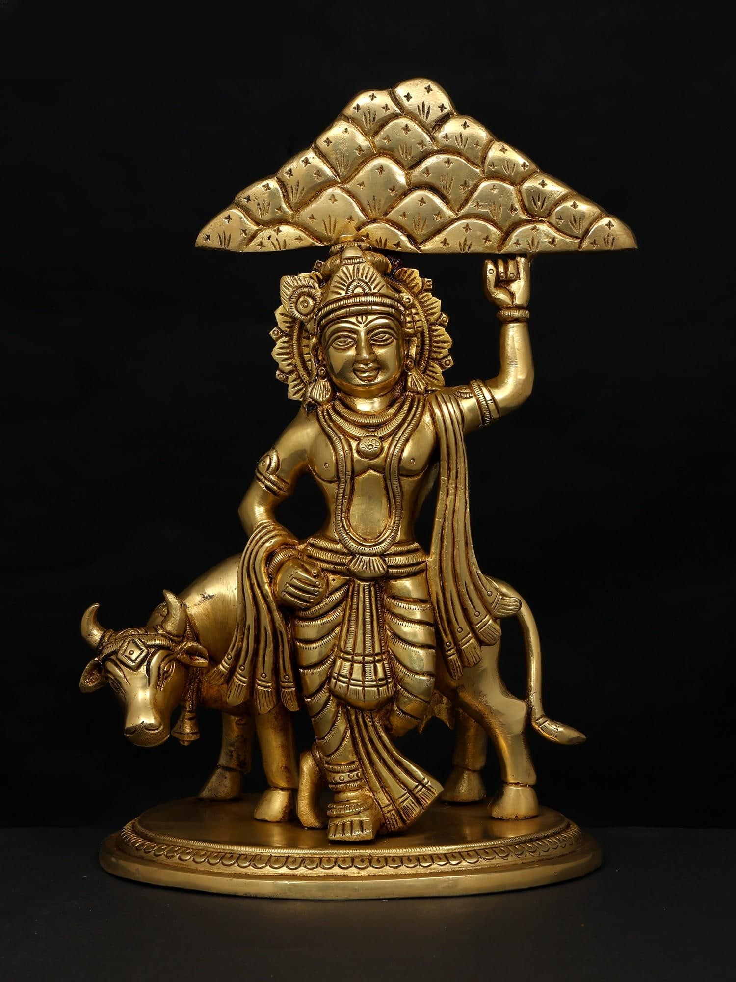 12" Lord Krishna Holding Govardhan Parvat on his Little Finger / Brass Statue (1 of 2)