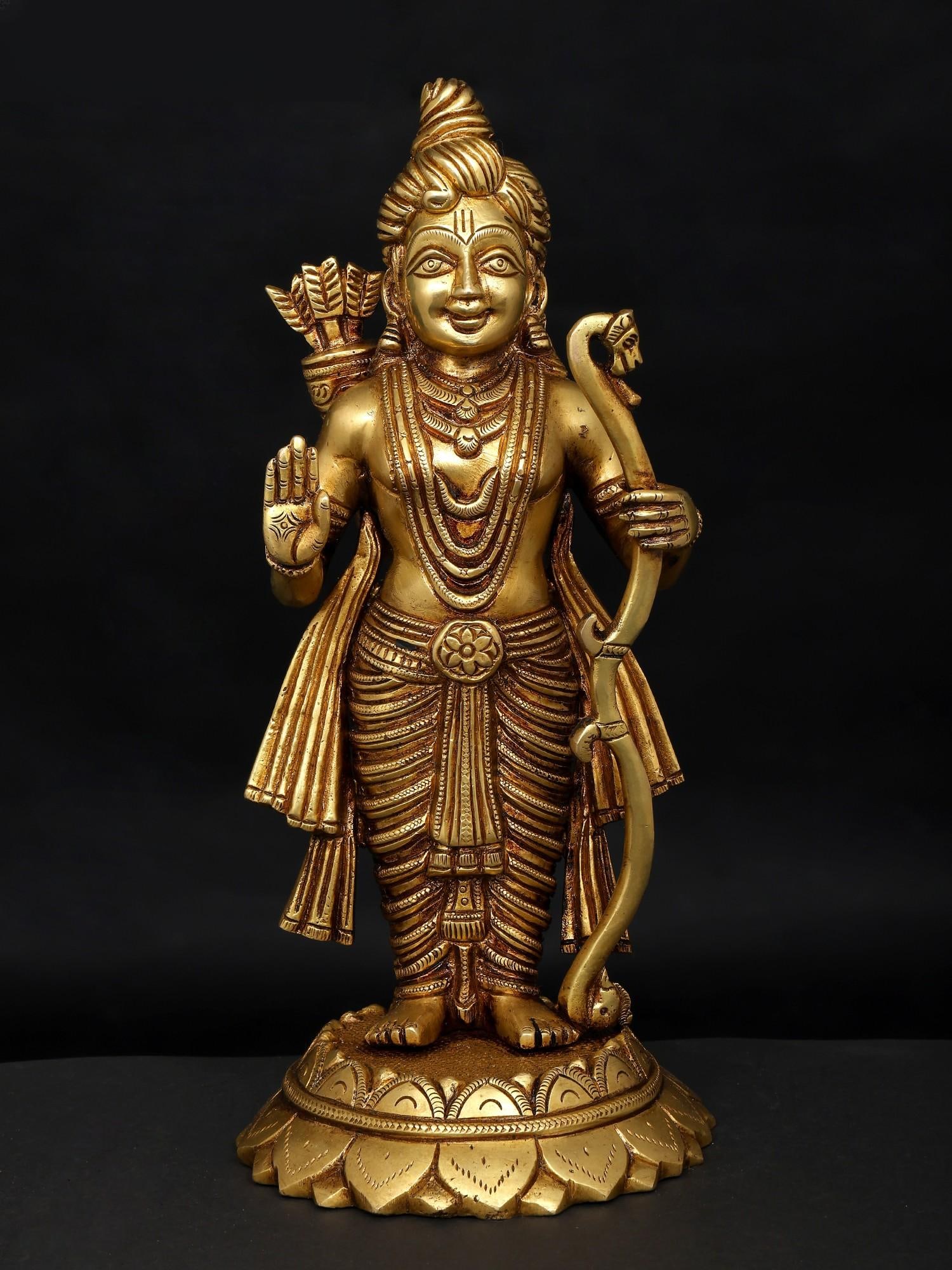 11" Standing Lord Rama in Blessing Gesture / Brass Statue: Title: 11" Standing Lord Rama in Blessing Gesture / Brass Statue Description: Additional Information: itemcode: DDP246 Reserve: $202.00 Shipping: Domestic: Shipping rates are determined by destination