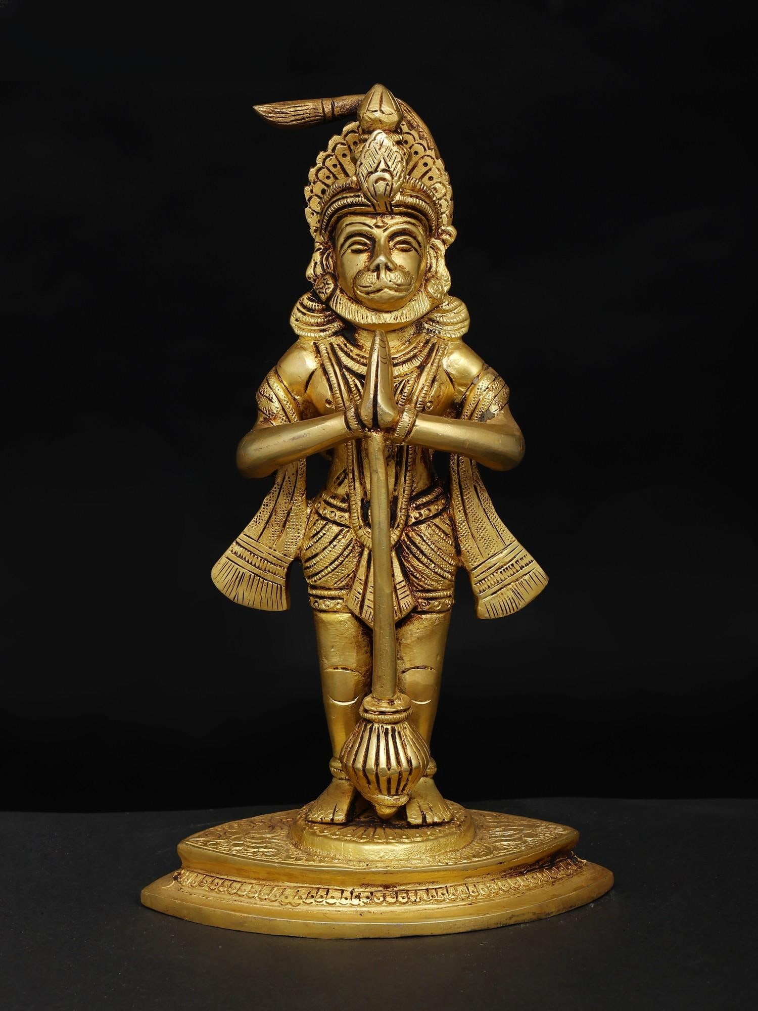 9" Standing Lord Hanuman in Namaskar Mudra / Brass Statue: Title: 9" Standing Lord Hanuman in Namaskar Mudra / Brass Statue Description: Additional Information: itemcode: DDP247 Reserve: $114.00 Shipping: Domestic: Shipping rates are determined by