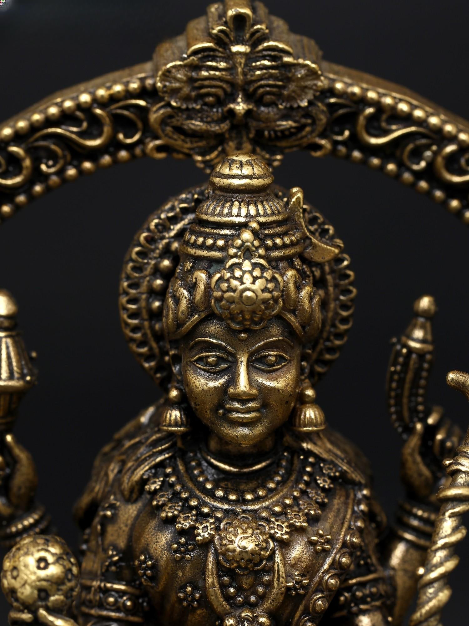 4" Small Superfine Goddess Rajarajeshvari Seated on Kirtimukha Throne / Brass Statue - 2