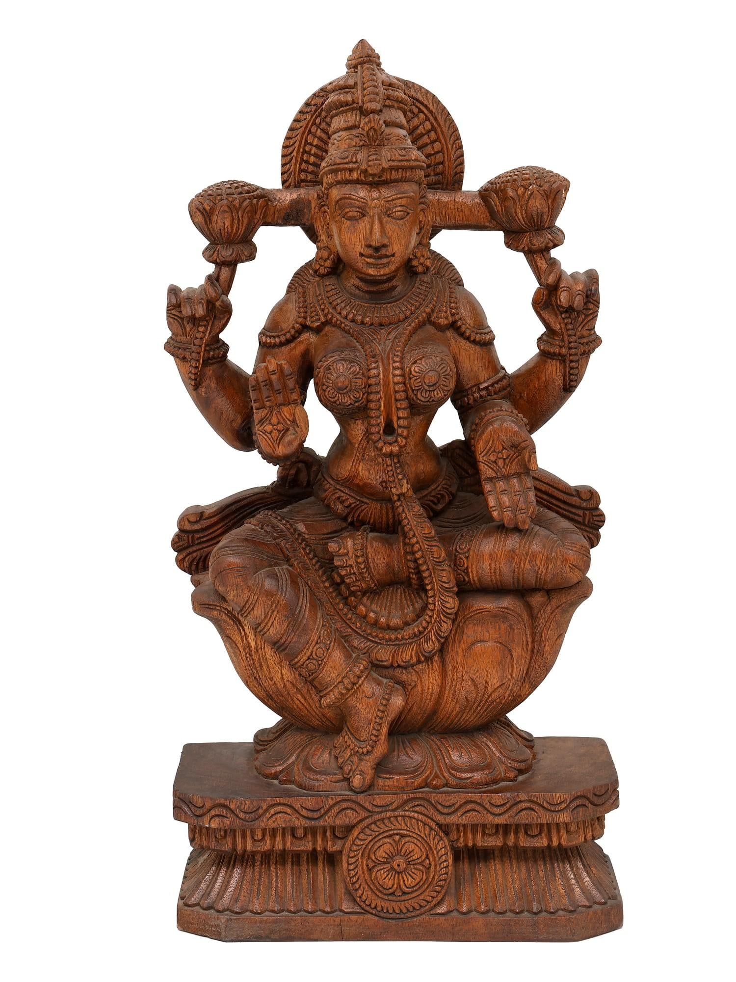 24" Blessing Goddess Lakshmi Seated on Lotus / Wood Carving: Title: 24" Blessing Goddess Lakshmi Seated on Lotus / Wood Carving Description: Additional Information: itemcode: DDP329 Reserve: $409.00 Shipping: Domestic: Shipping rates are determined by