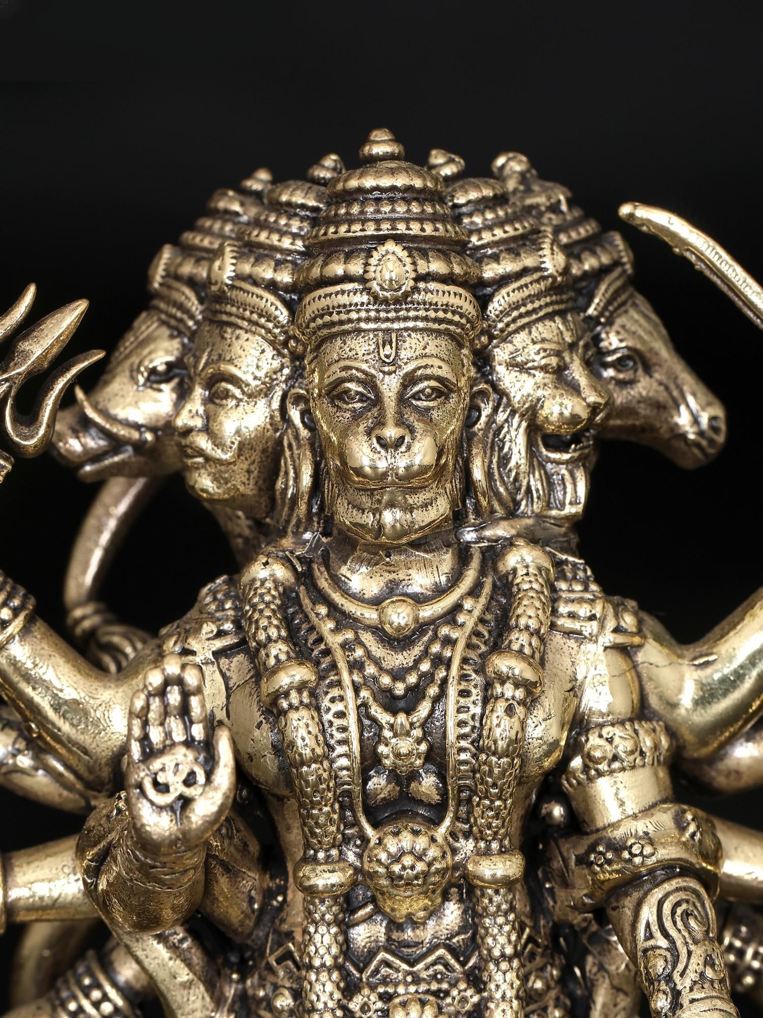 5" Superfine Standing Ten Armed Panchamukhi Lord Hanuman / Brass Statue - 2
