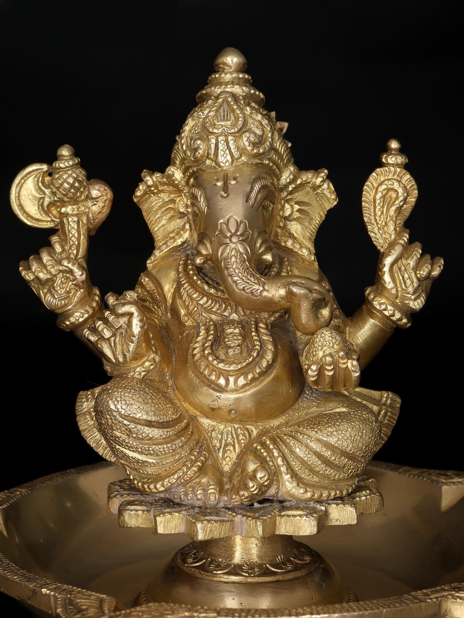 7" Five Wicks Ganesha Lamp in Brass - 2
