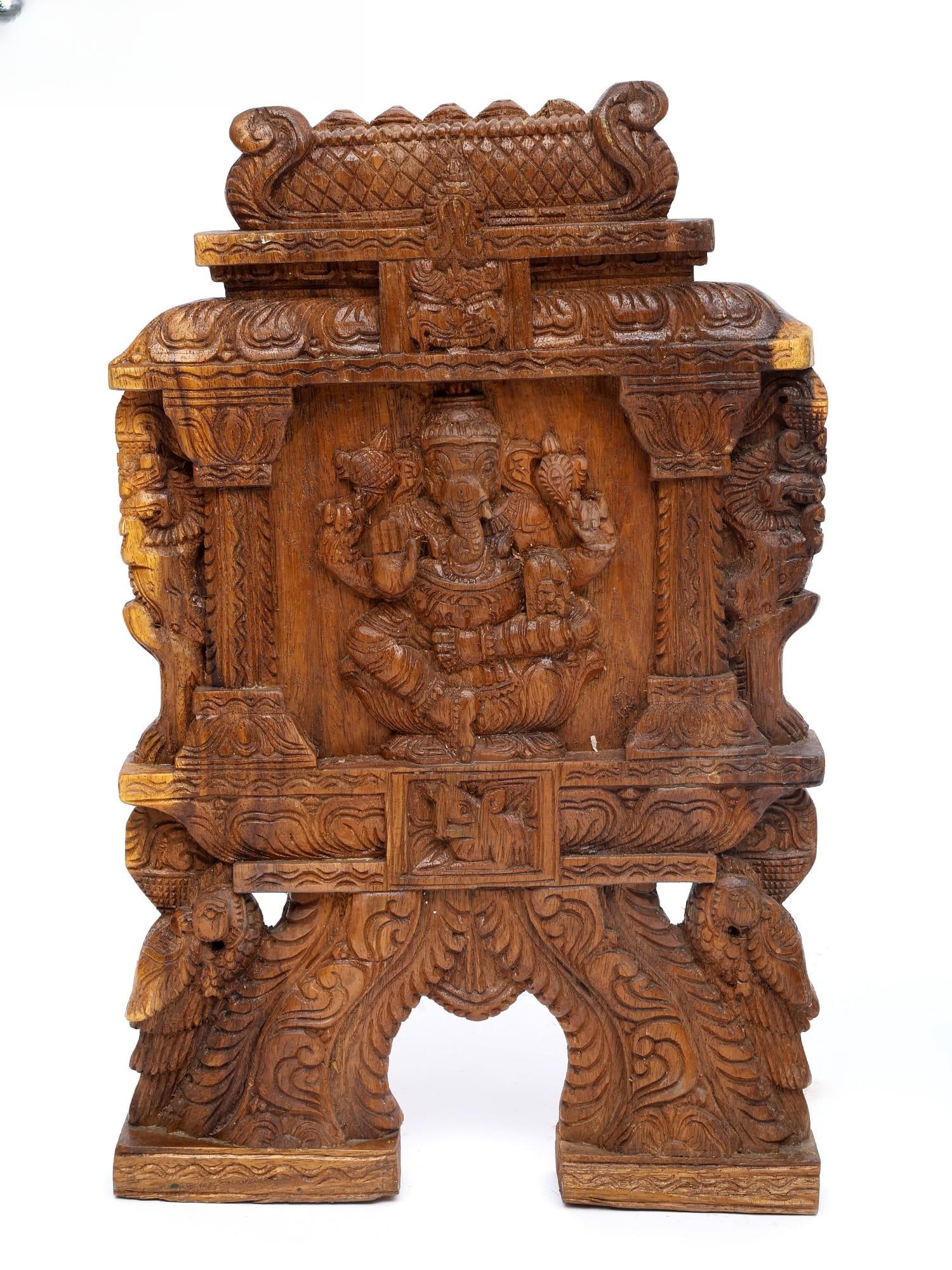 19" Four Armed Lord Ganesha / Kavadi Wall Panel / Wood Carving (1 of 2)