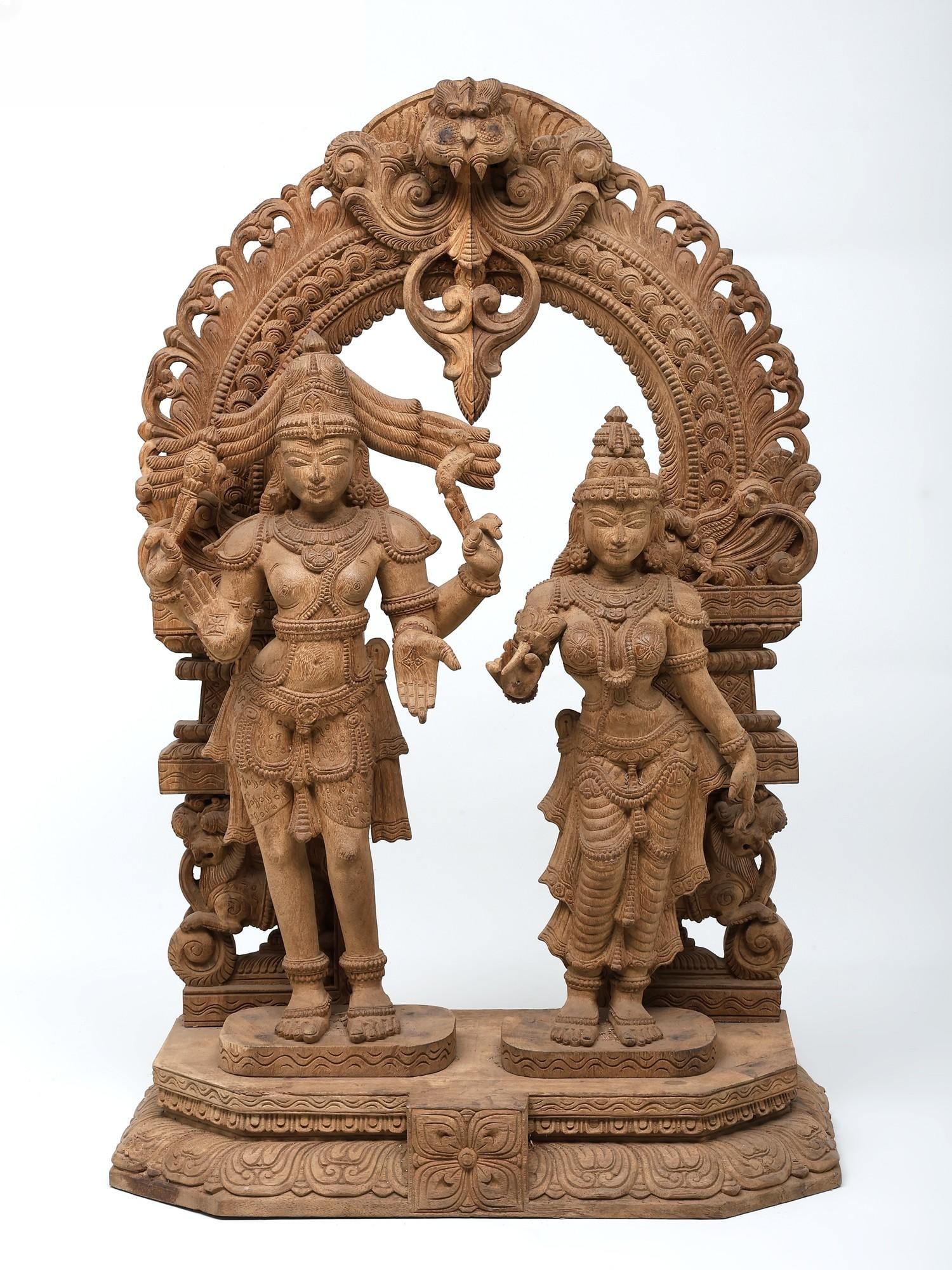 36" Large Standing Shiva Parvati on Kirtimukha Throne / Wood Carving / Antique Design: Title: 36" Large Standing Shiva Parvati on Kirtimukha Throne / Wood Carving / Antique Design Description: Additional Information: itemcode: DDP389 Reserve: $1,496.00 Shipping: Domestic: Shipping rates