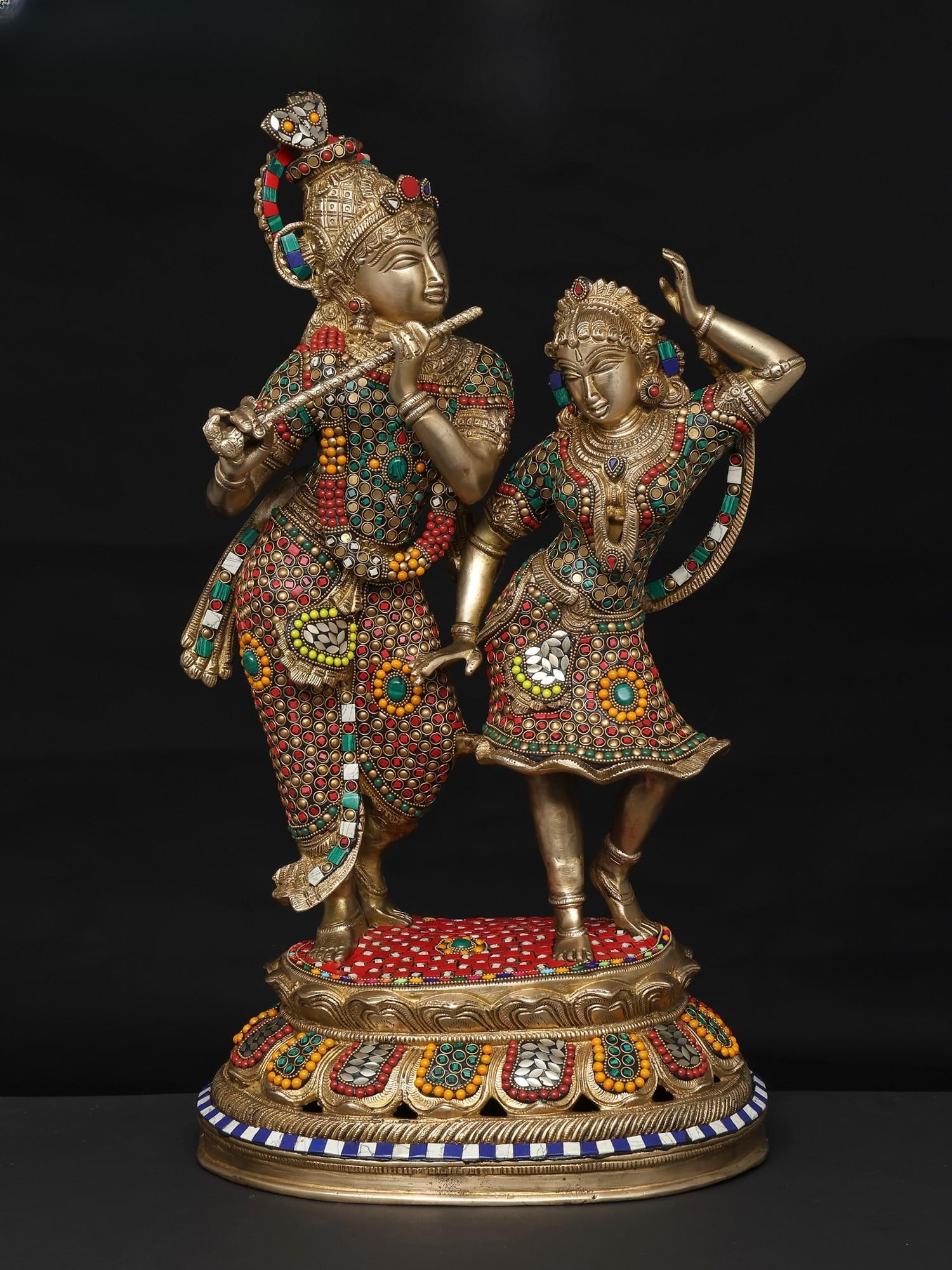 23" Fluting Lord Krishna with Goddess Radha / Brass Statue with Inlay Work (1 of 2)
