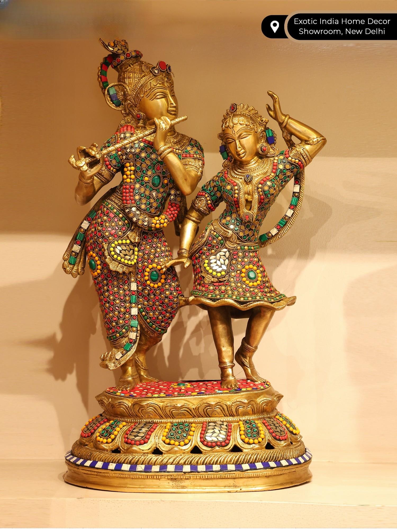 23" Fluting Lord Krishna with Goddess Radha / Brass Statue with Inlay Work - 2