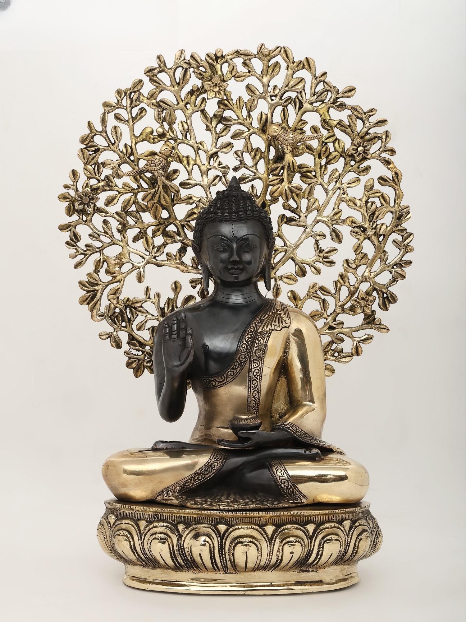 20" Lord Buddha in Vitark Mudra Seated Under The Bodhi Tree / Brass Statue: Title: 20" Lord Buddha in Vitark Mudra Seated Under The Bodhi Tree / Brass Statue Description: Additional Information: itemcode: DDP429 Reserve: $574.00 Shipping: Domestic: Shipping rates are determin