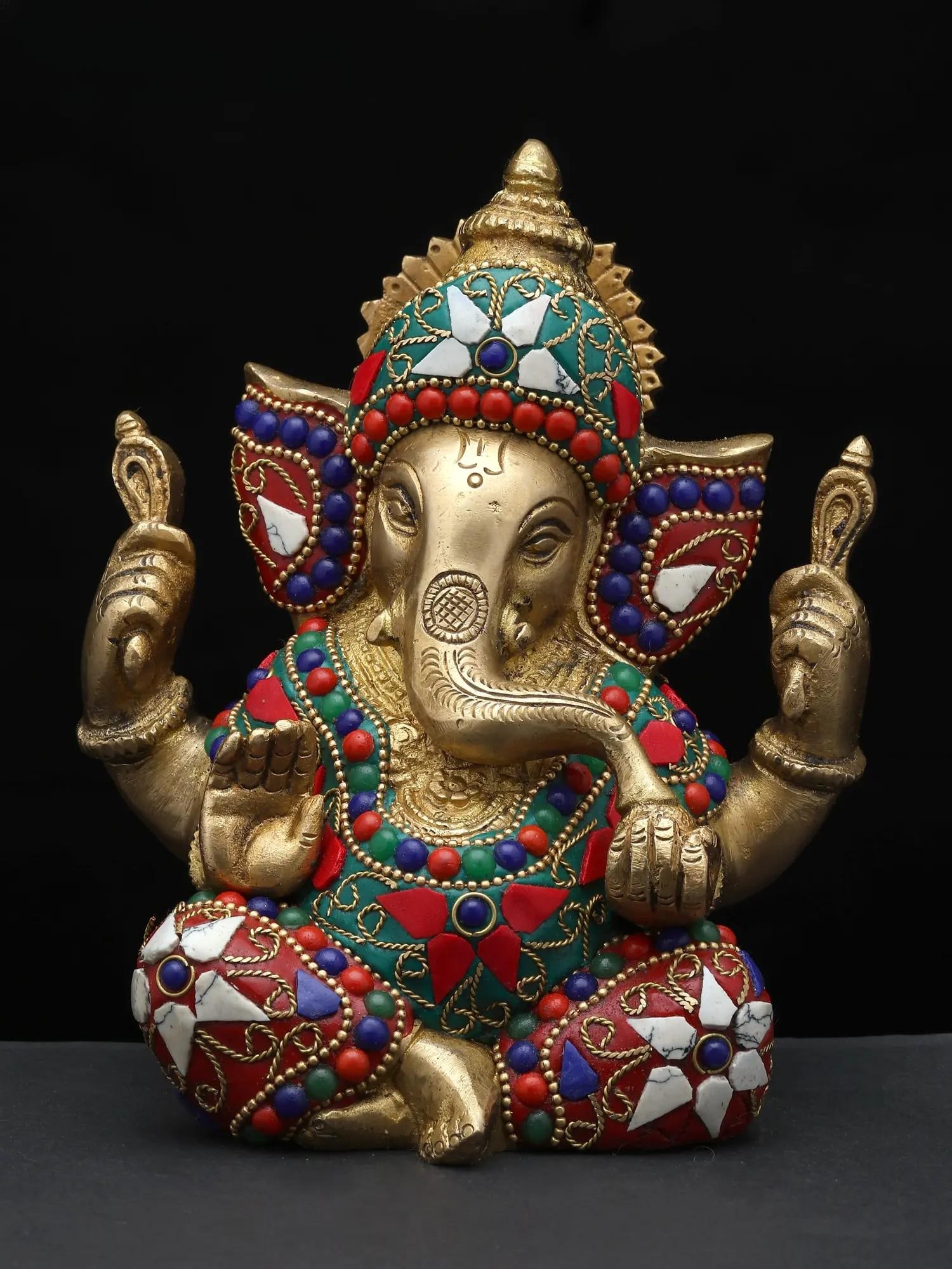 6" Small Four Armed Sitting Lord Ganesha / Brass Statue with Inlay Work: Title: 6" Small Four Armed Sitting Lord Ganesha / Brass Statue with Inlay Work Description: Additional Information: itemcode: DDP431 Reserve: $109.00 Shipping: Domestic: Shipping rates are determined 