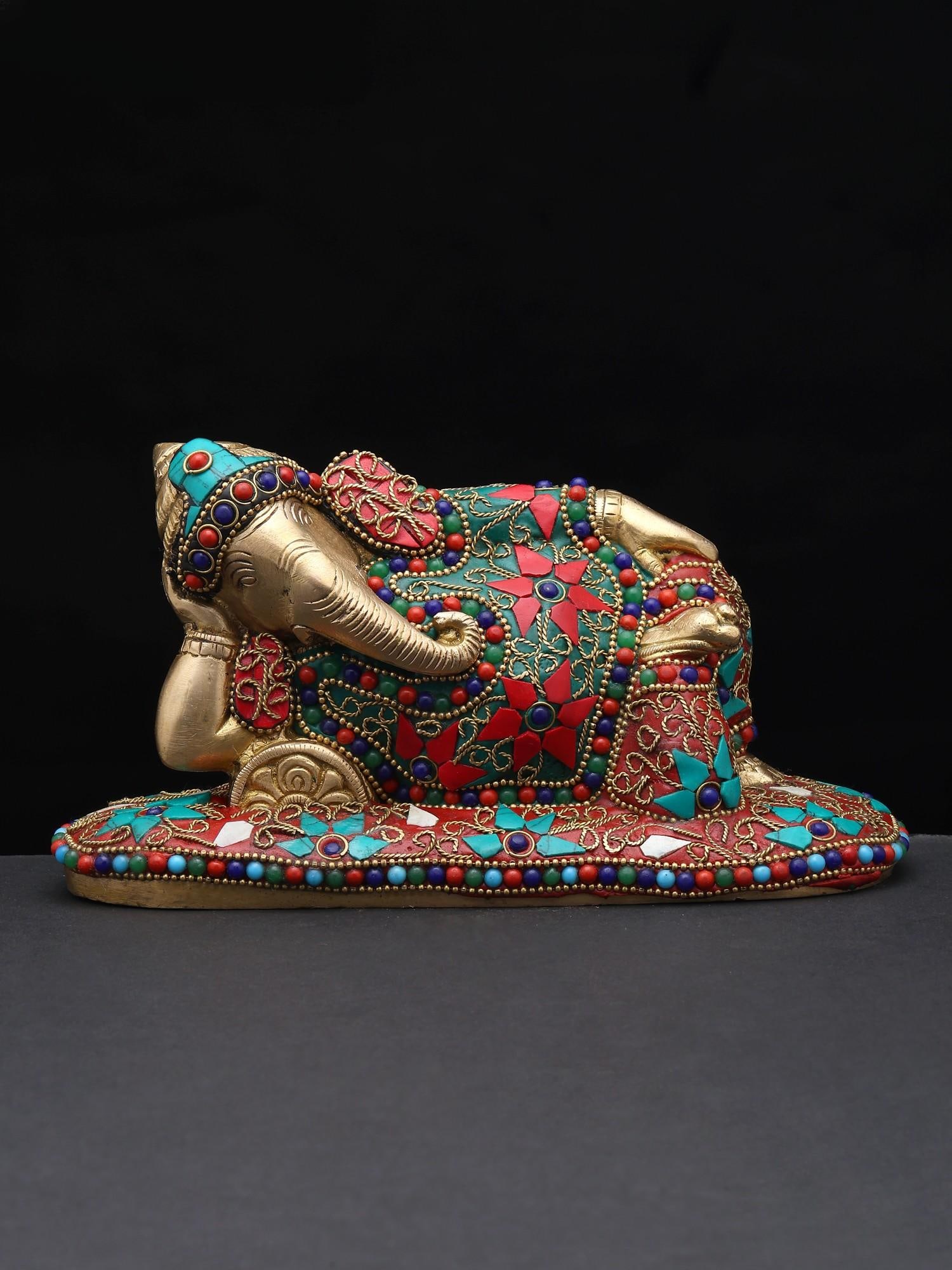 8" Relaxing Lord Ganesha / Brass Statue with Inlay Work: Title: 8" Relaxing Lord Ganesha / Brass Statue with Inlay Work Description: Additional Information: itemcode: DDP433 Reserve: $98.00 Shipping: Domestic: Shipping rates are determined by destination