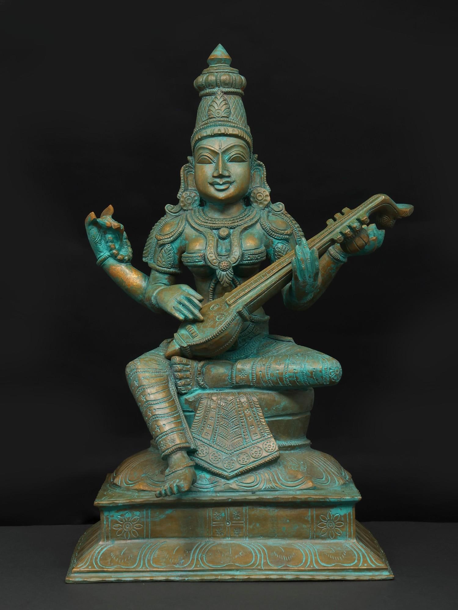15" Goddess Saraswati - Goddess of Knowledge, Art and Wisdom / Bronze Statue: Title: 15" Goddess Saraswati - Goddess of Knowledge, Art and Wisdom / Bronze Statue Description: Additional Information: itemcode: DDP437 Reserve: $1,009.00 Shipping: Domestic: Shipping rates are