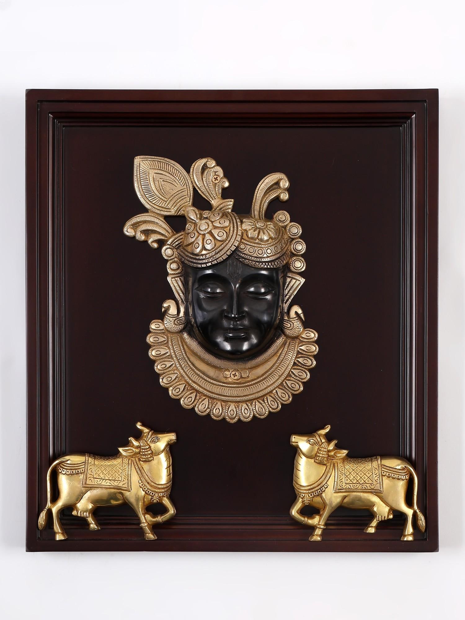 18" Brass Shrinath Ji with Two Cows / Framed Brass Sculpture / Wall Hanging (1 of 2)