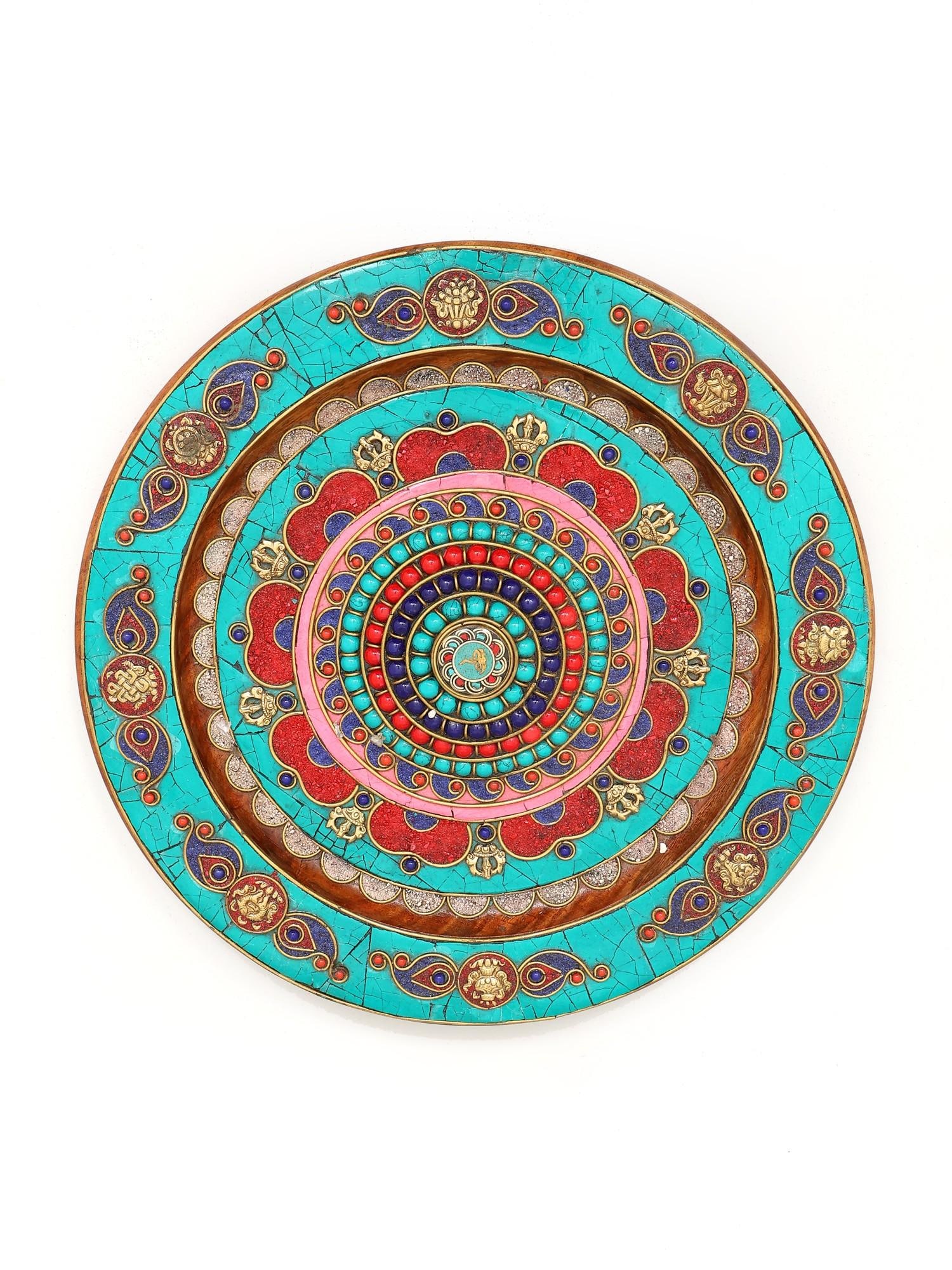 12" Round Tibetan Buddhist Wall Hanging in Wood with Inlay Work (1 of 2)