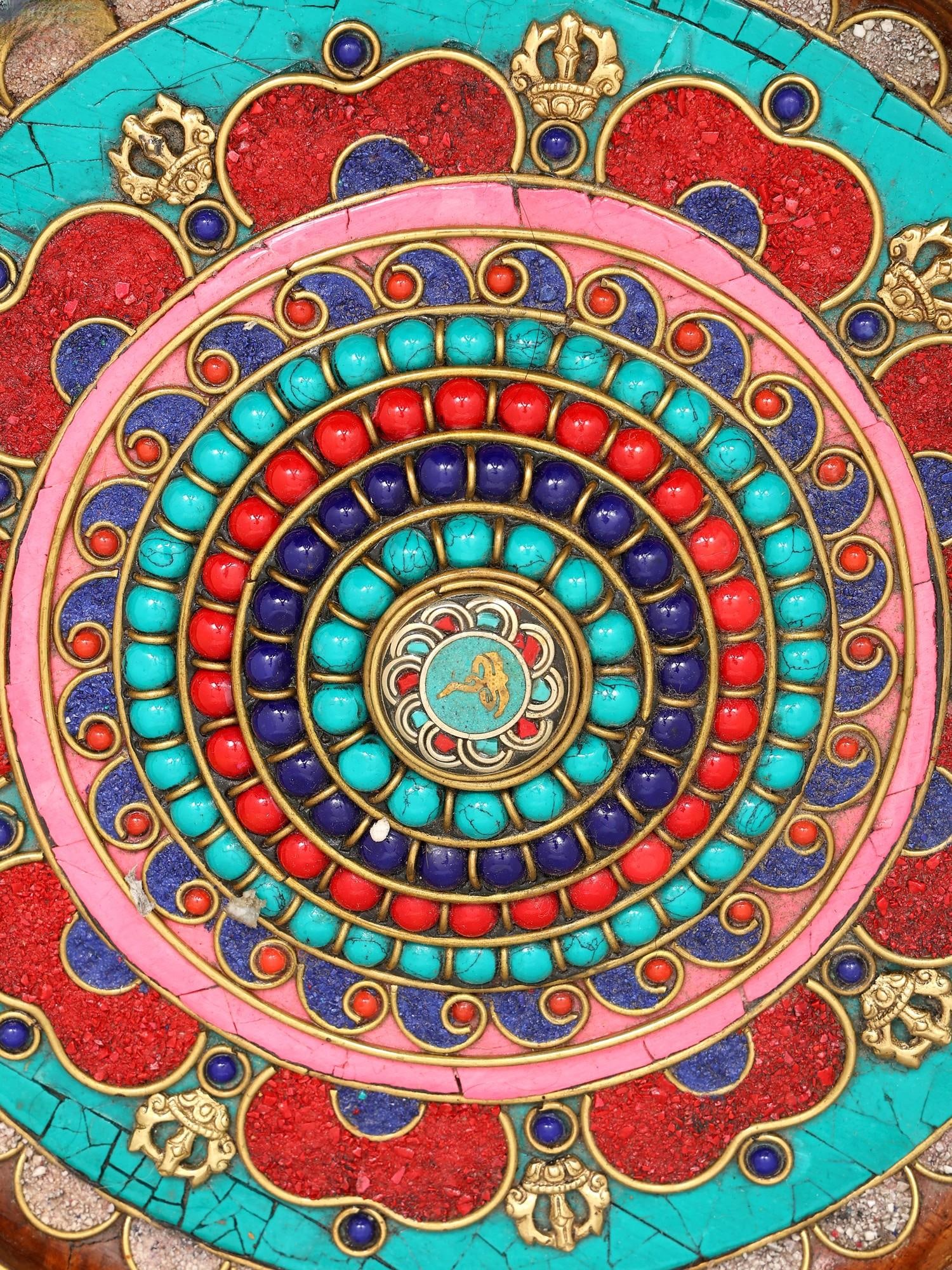 12" Round Tibetan Buddhist Wall Hanging in Wood with Inlay Work - 2