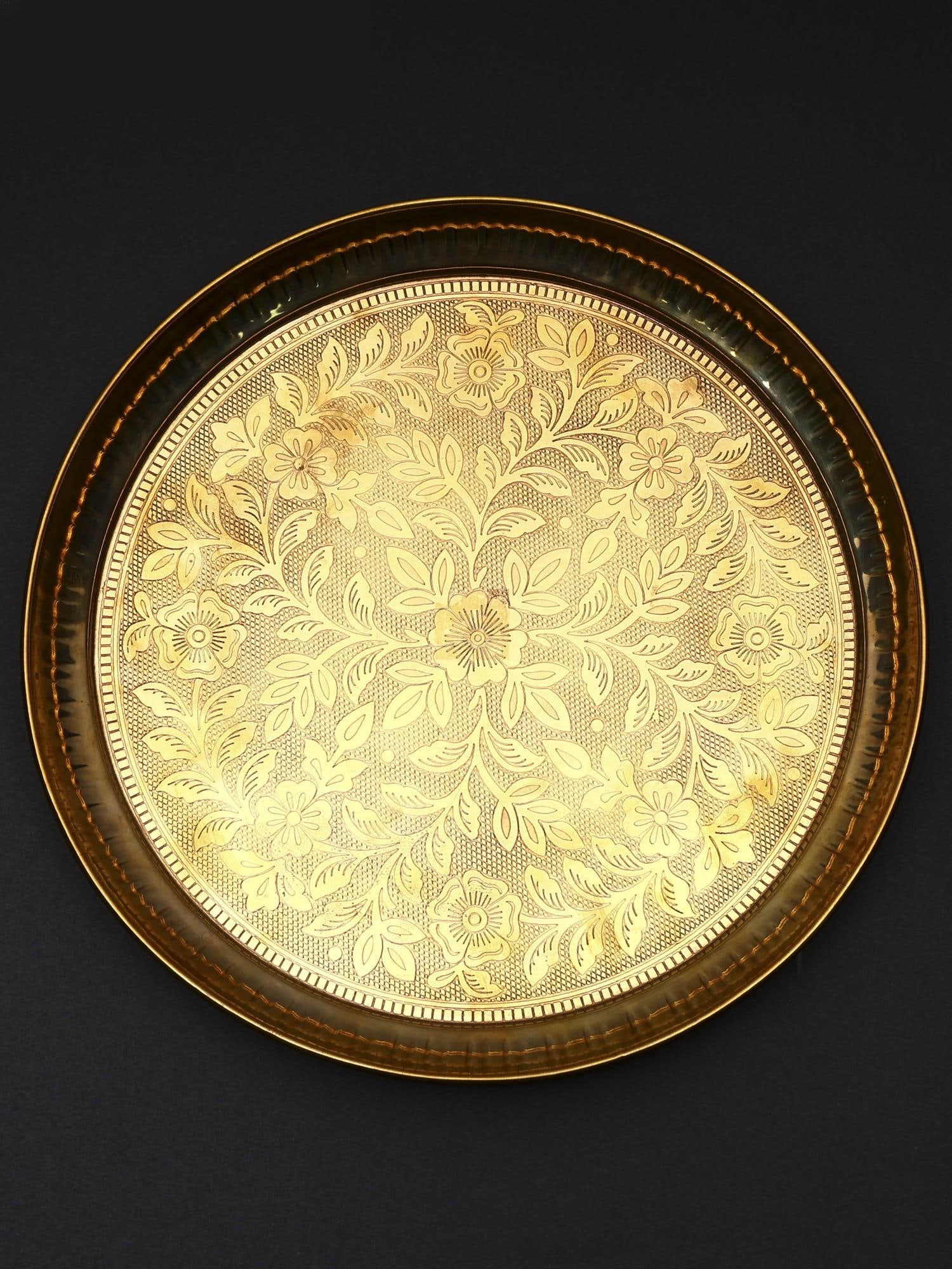 Floral Design Brass Puja Thali: Title: Floral Design Brass Puja Thali Description: Additional Information: itemcode: DDP623 Reserve: $21.00 Shipping: Domestic: Shipping rates are determined by destination International: Foreign