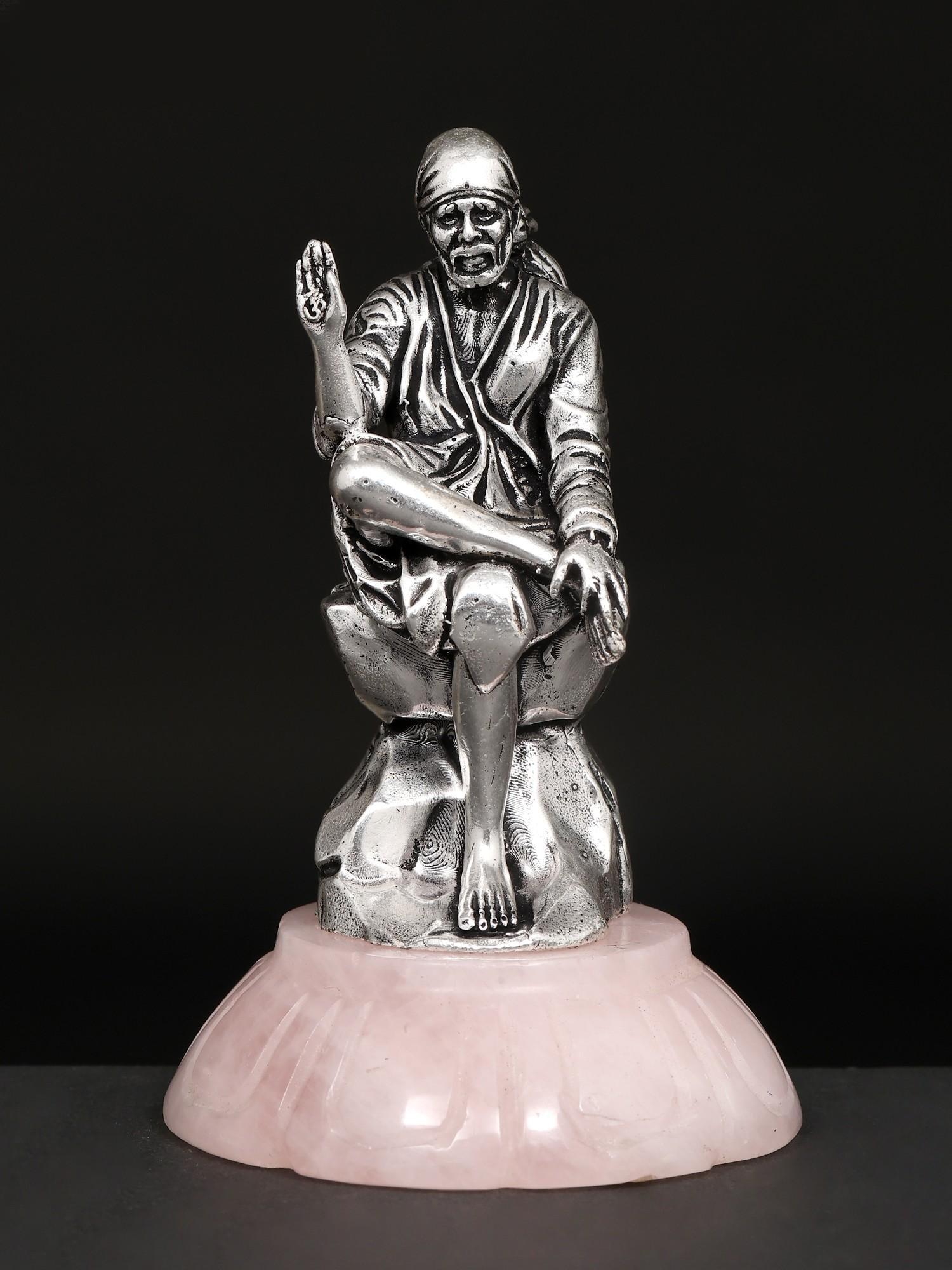 4" Small Superfine Blessing Sai Baba on Rose Quartz Gemstone Base (1 of 2)