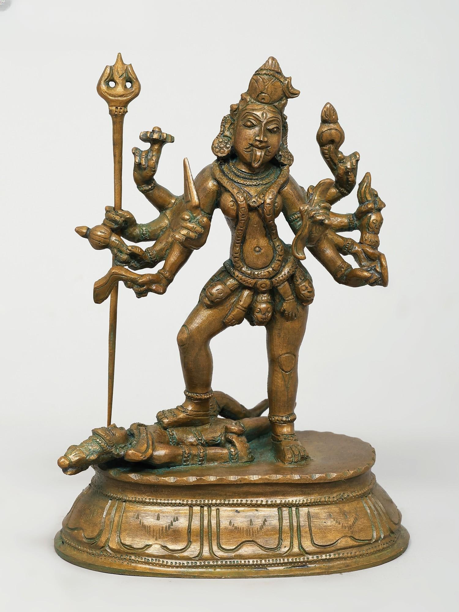 6" Small Ten Armed Goddess Kali Standing on Lord Shiva / Madhuchista Vidhana (Lost-Wax) / Panchaloha: Title: 6" Small Ten Armed Goddess Kali Standing on Lord Shiva / Madhuchista Vidhana (Lost-Wax) / Panchaloha Bronze from Swamimalai Description: Additional Information: itemcode: DDP685 Reserve: $357.0