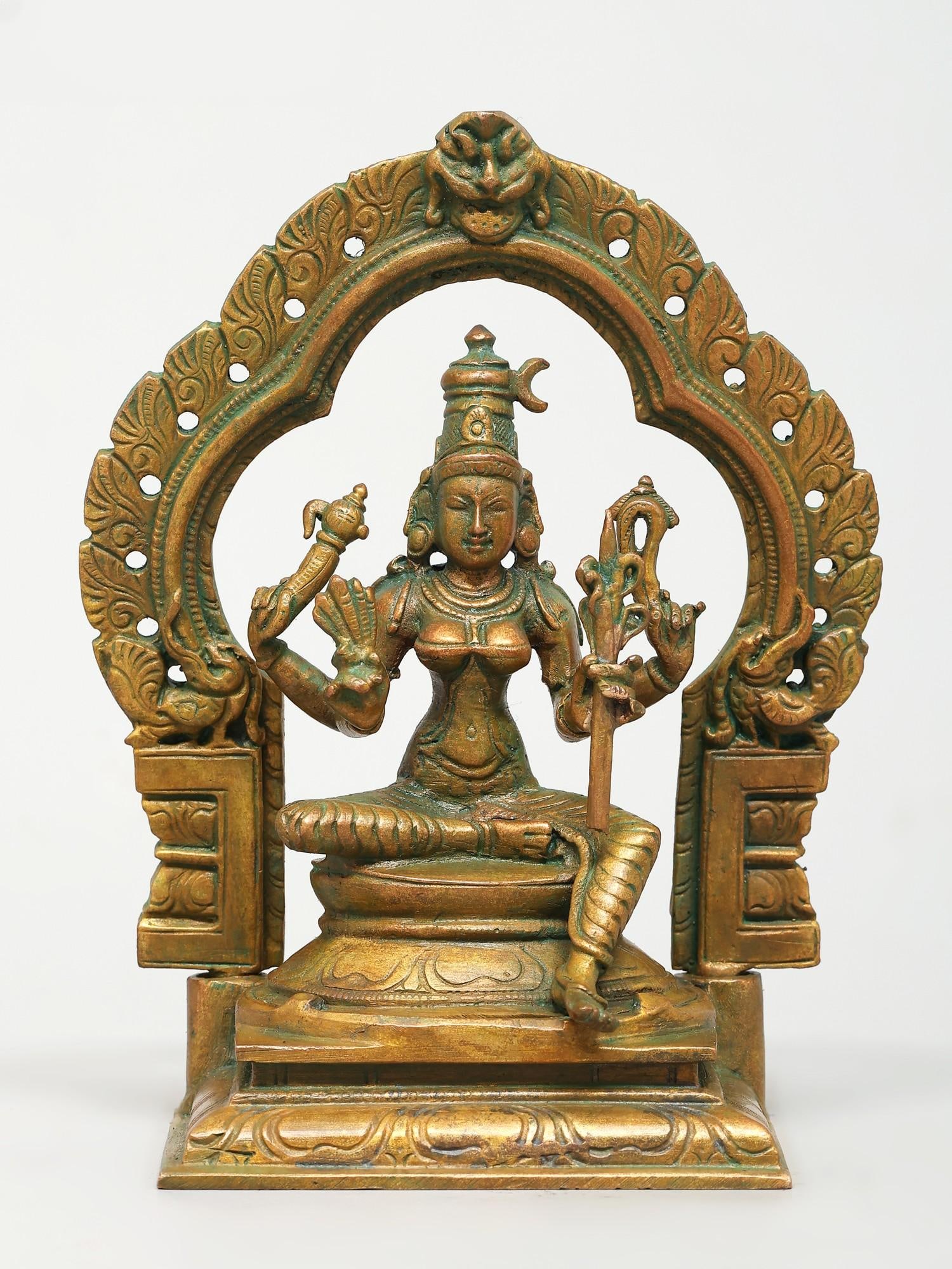 5" Small Goddess Rajarajeshvari Seated on Kirtimukha Throne / Madhuchista Vidhana (Lost-Wax) /: Title: 5" Small Goddess Rajarajeshvari Seated on Kirtimukha Throne / Madhuchista Vidhana (Lost-Wax) / Panchaloha Bronze from Swamimalai Description: Additional Information: itemcode: DDP687 Reserve: