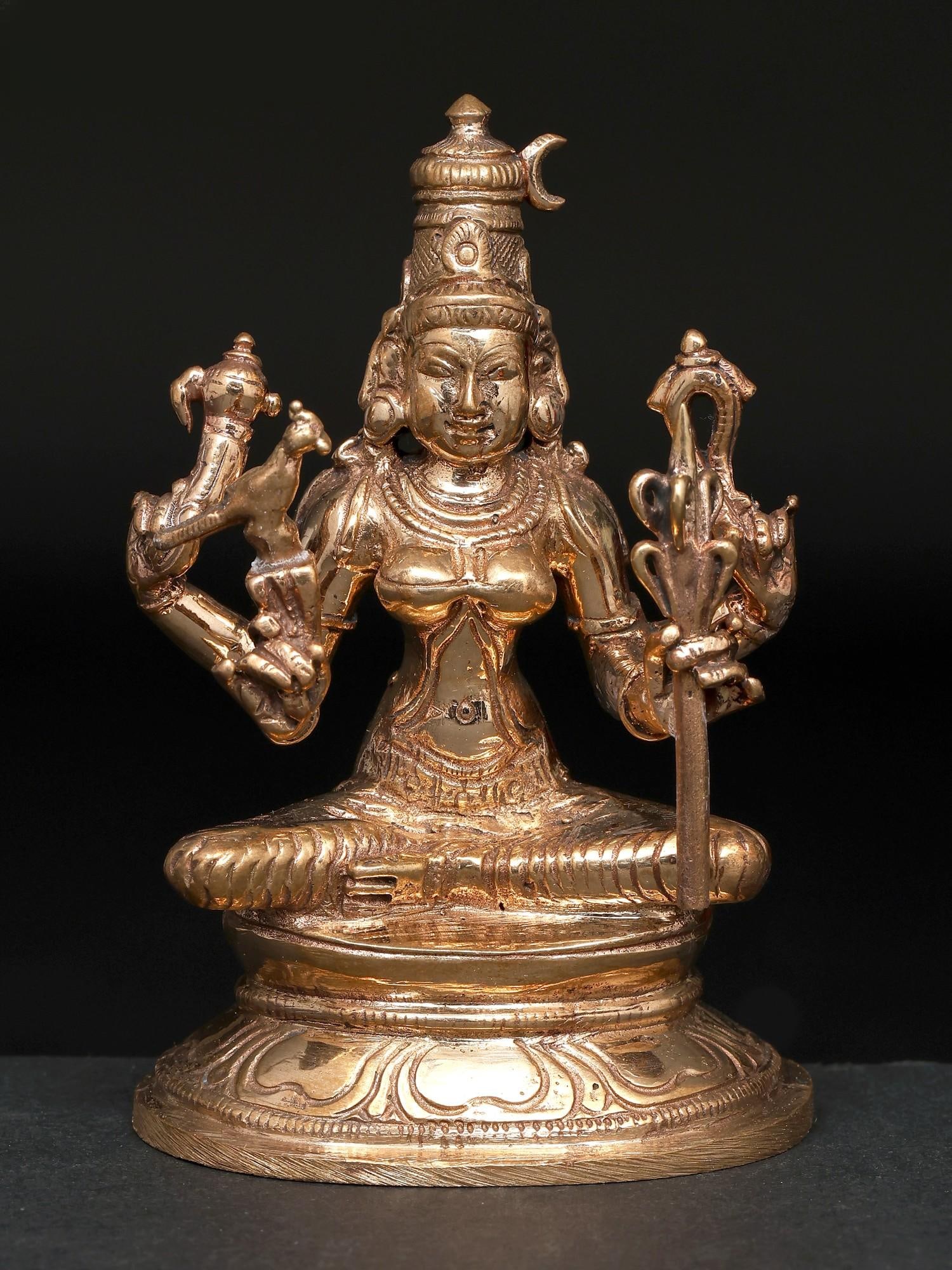3" Small Goddess Rajarajeshvari / Madhuchista Vidhana (Lost-Wax) / Panchaloha Bronze from Swamimalai: Title: 3" Small Goddess Rajarajeshvari / Madhuchista Vidhana (Lost-Wax) / Panchaloha Bronze from Swamimalai Description: Additional Information: itemcode: DDP771 Reserve: $77.00 Shipping: Domestic: