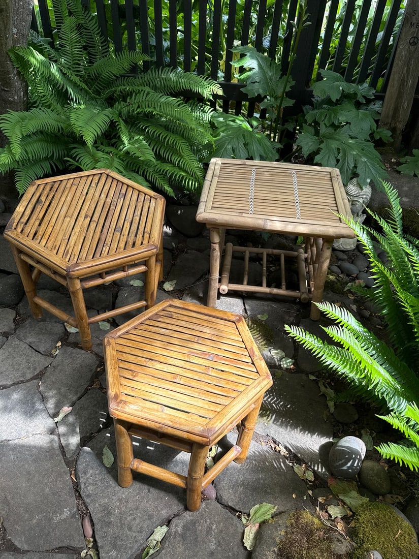 Set of Three Hexagonal Bamboo Pedestal Tables - 2
