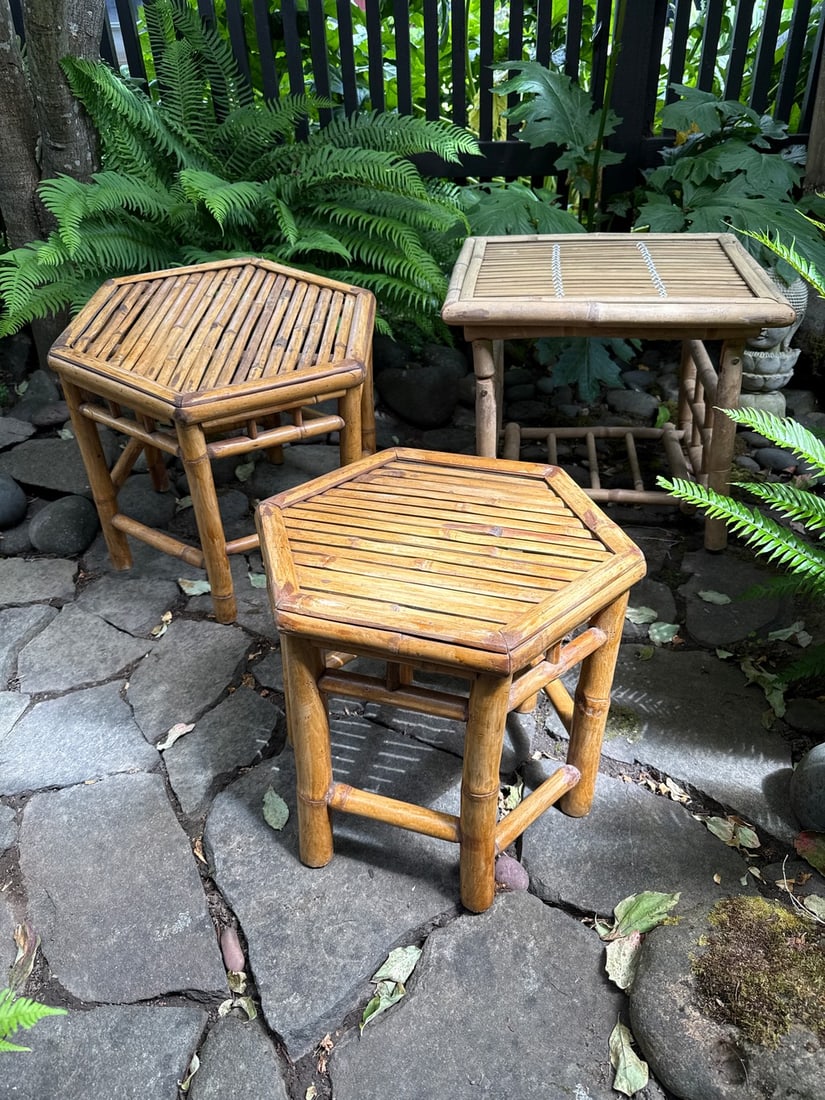Set of Three Hexagonal Bamboo Pedestal Tables - 3