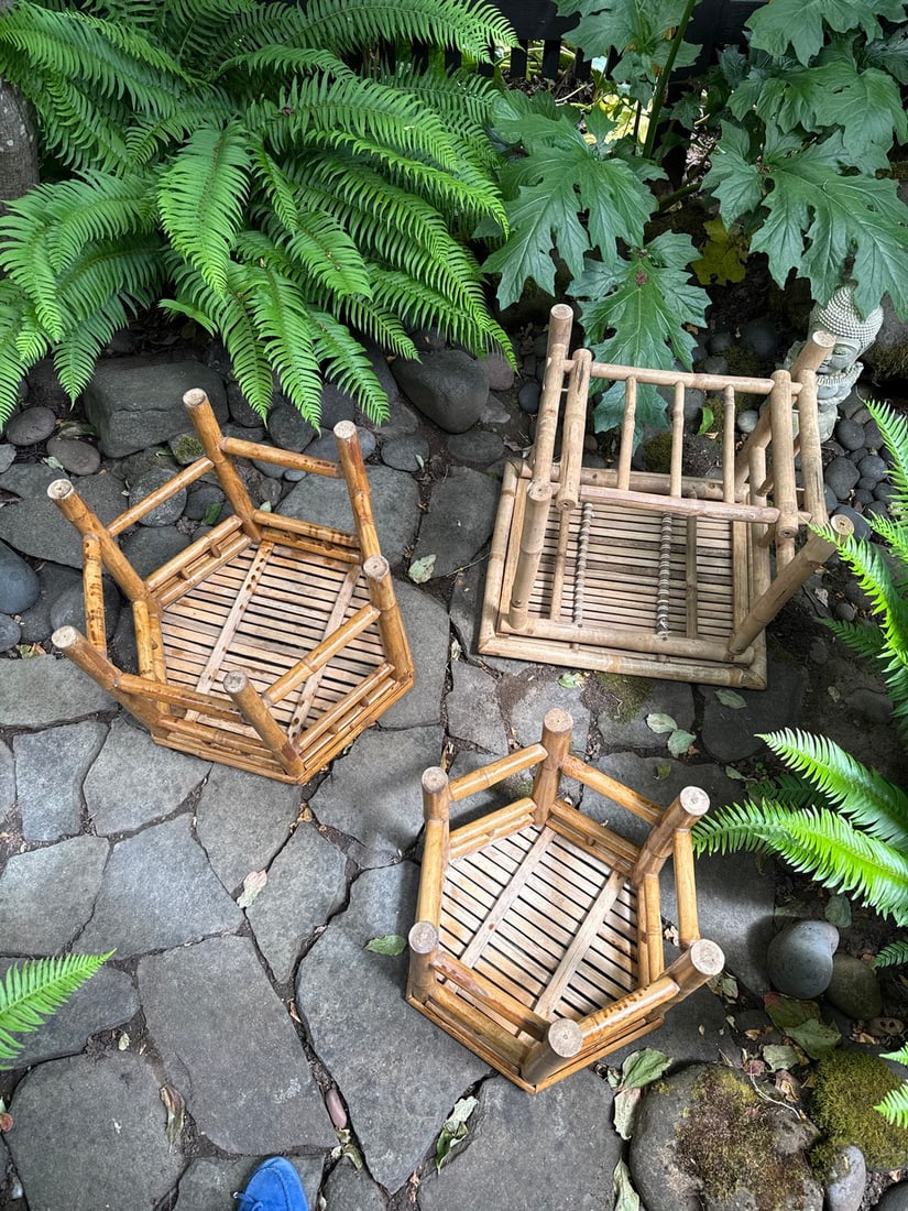 Set of Three Hexagonal Bamboo Pedestal Tables - 4