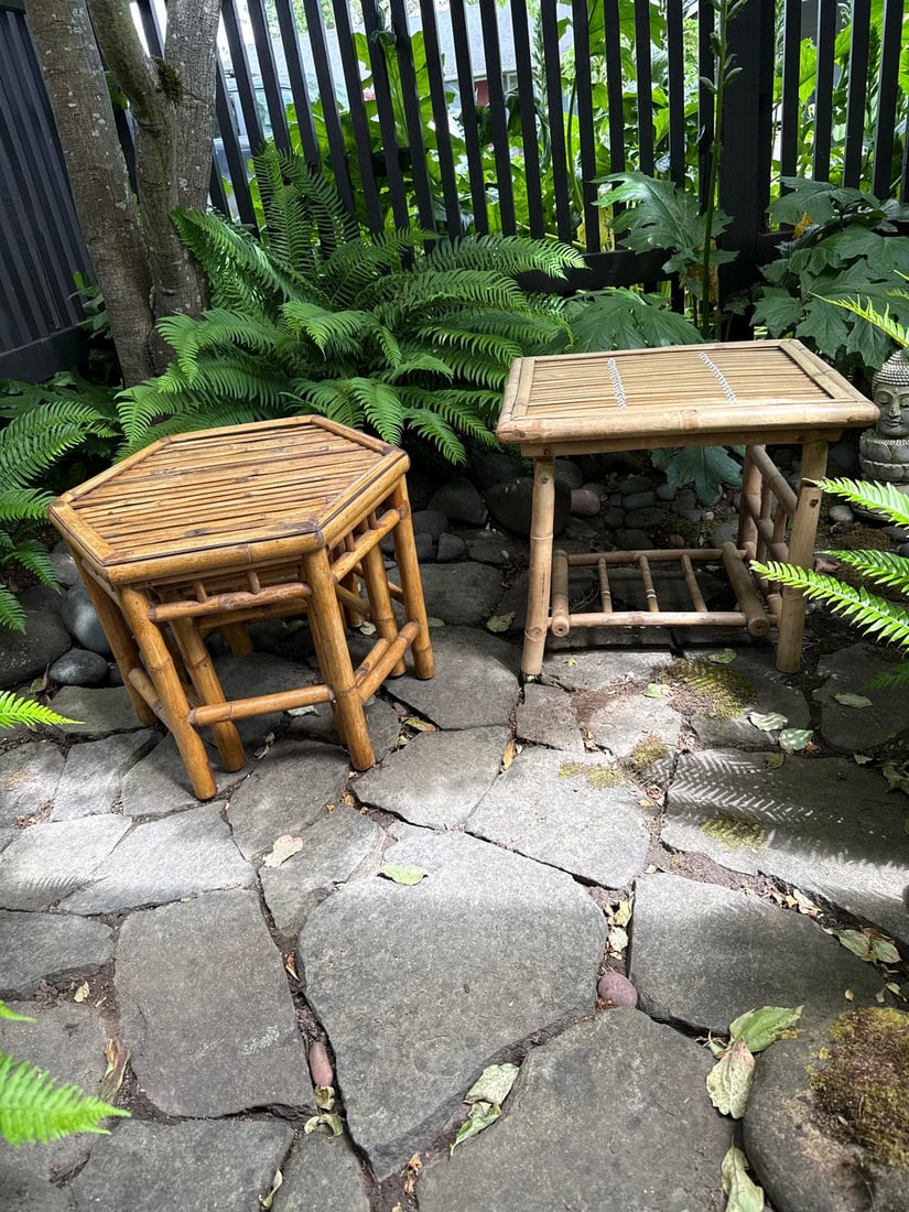 Set of Three Hexagonal Bamboo Pedestal Tables - 5