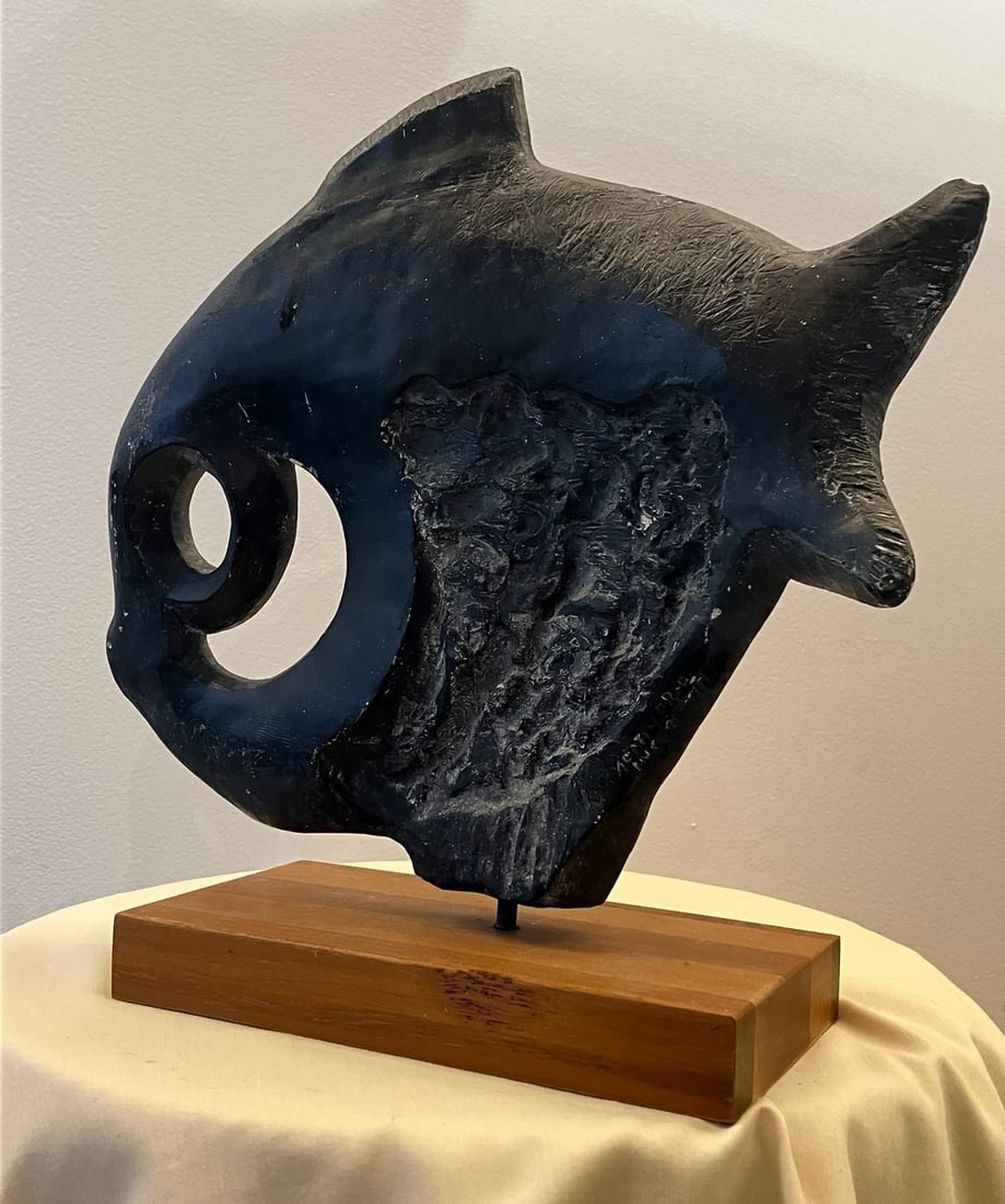 Signed "Austin Production" Durastone Clay Fish Sculpture on Wood Base - 2