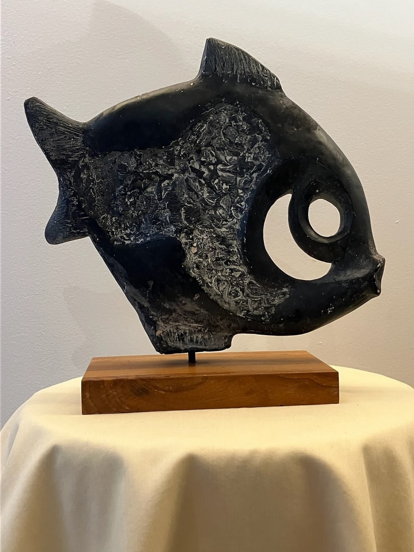 Signed "Austin Production" Durastone Clay Fish Sculpture on Wood Base - 5