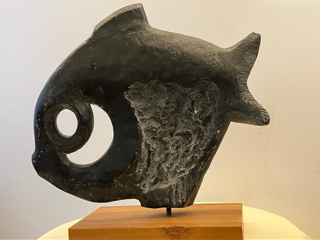 Signed "Austin Production" Durastone Clay Fish Sculpture on Wood Base - 8