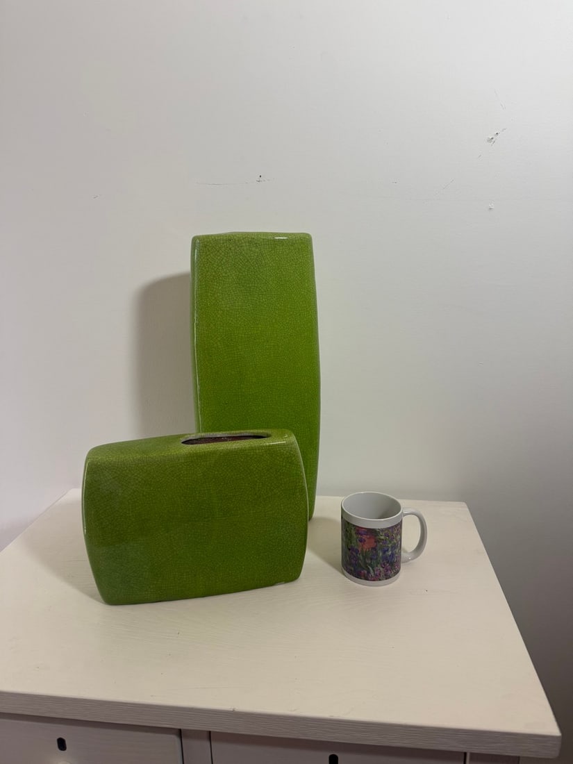 A Pair with f Chartreuse Crackle Glaze Ceramic Vases - 2