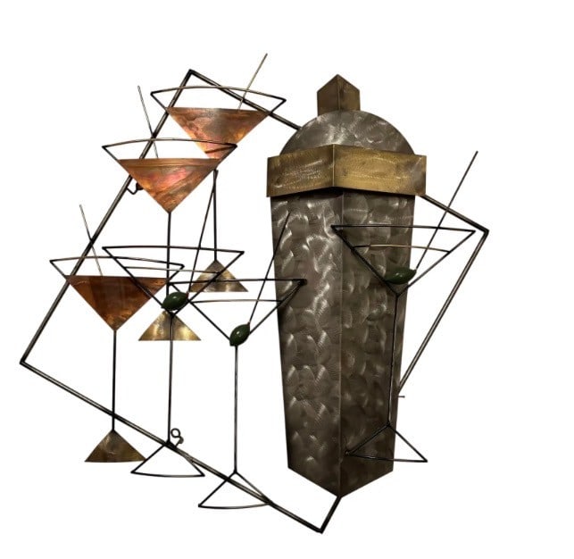 Mid-Century Modern Metal Martini and Manhattan Sculpture by Jere Studios: This captivating mid-century modern metal "Martini and Manhattan" Sculpture by Jere Studios depicts an abstract arrangement of martini glasses and a cocktail shaker. All olives are present and retain
