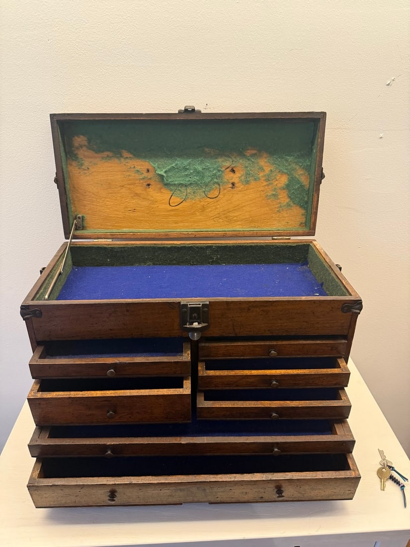 Antique Machinist's Wooden Storage Box with Metal Accents - 7