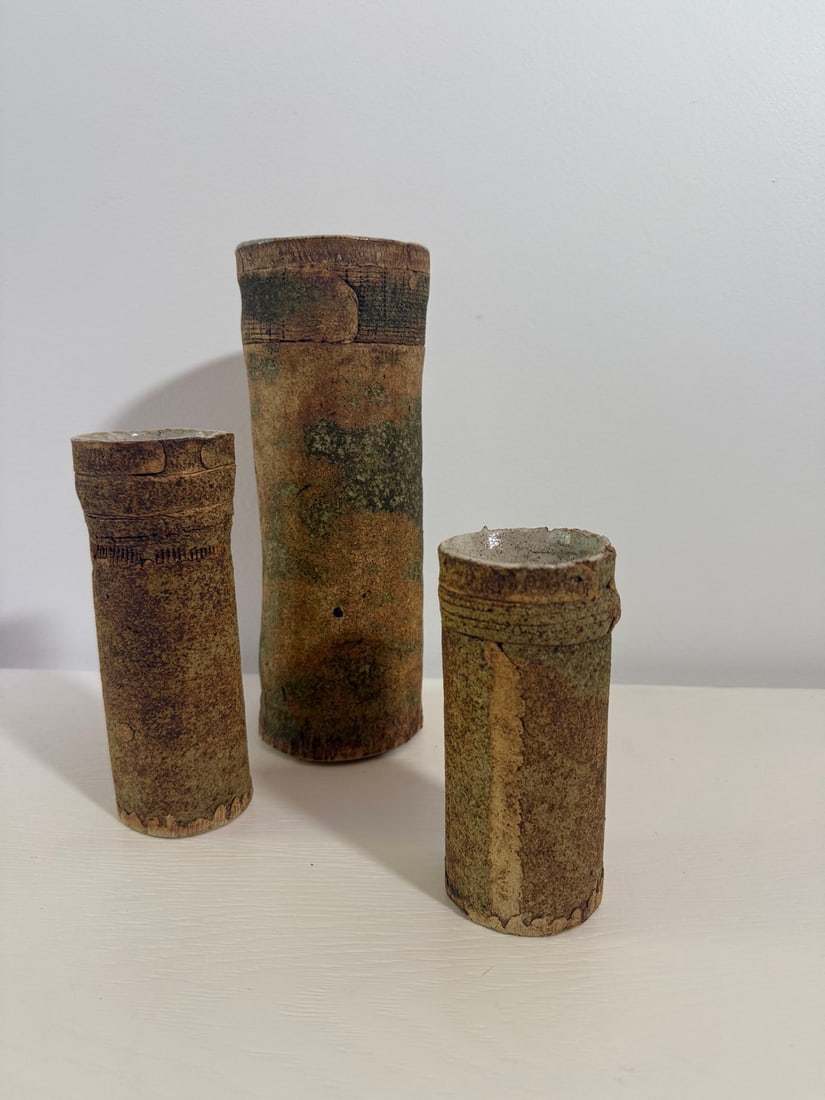 Trio of Brutalist Coral-Sand Cylindrical Vases, signed and dated, Donald Schnell - 2