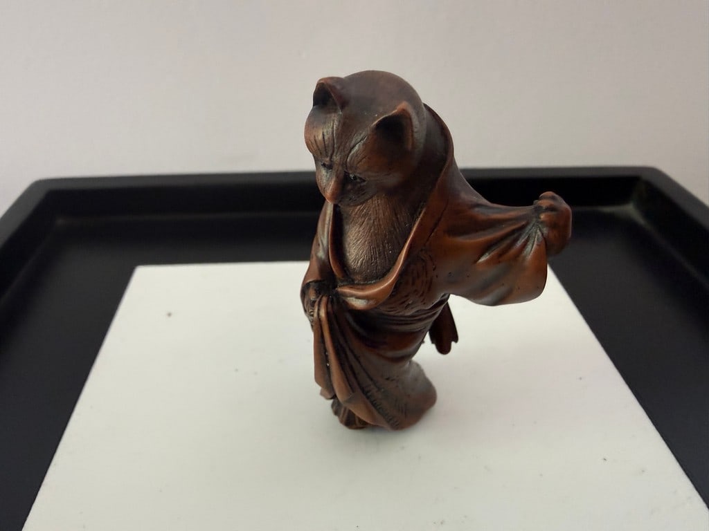 A Japanese Wood Netsuke: Anthropomorphic Bakeneko (Supernatural Cat) and A Signed 19th Century Bo... - 10