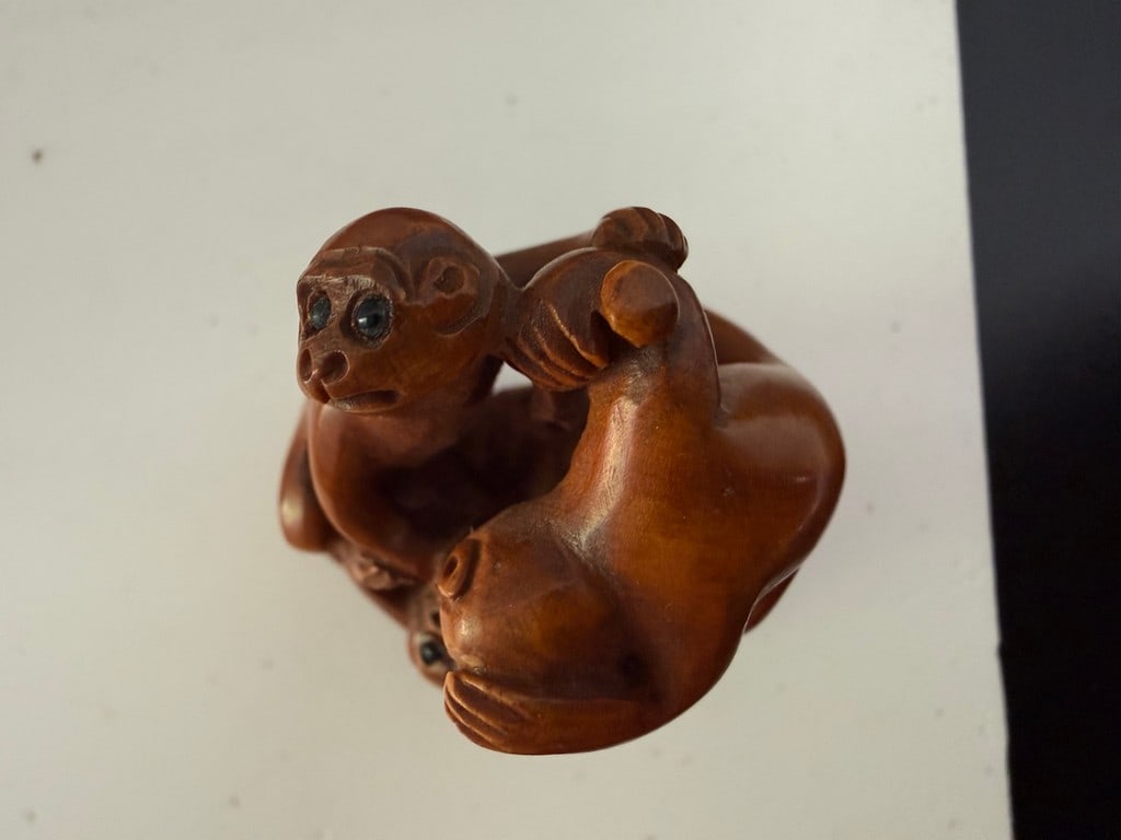 A Japanese Wood Netsuke: Anthropomorphic Bakeneko (Supernatural Cat) and A Signed 19th Century Bo... - 12