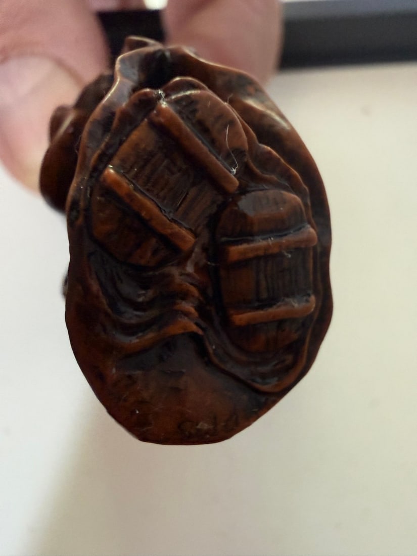 A Japanese Wood Netsuke: Anthropomorphic Bakeneko (Supernatural Cat) and A Signed 19th Century Bo... - 2