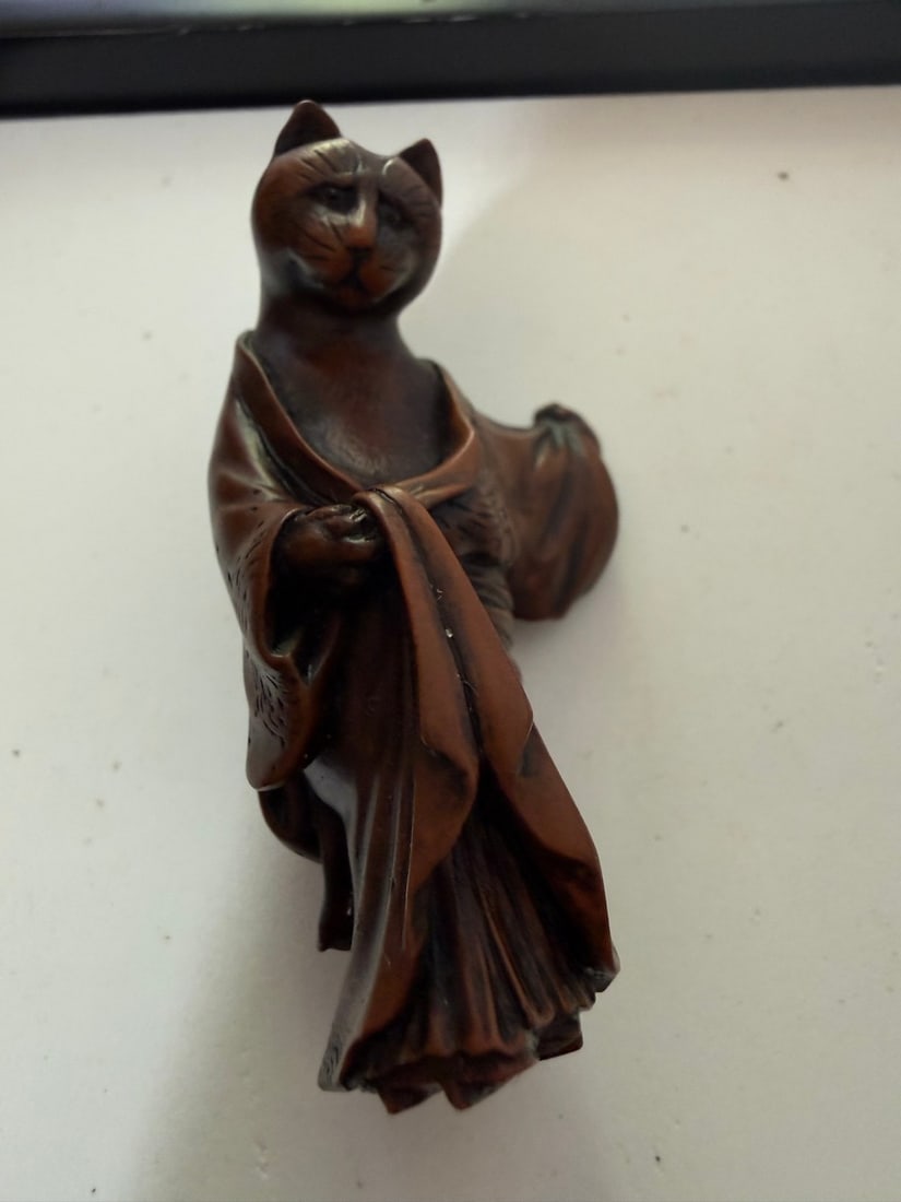 A Japanese Wood Netsuke: Anthropomorphic Bakeneko (Supernatural Cat) and A Signed 19th Century Bo... - 4