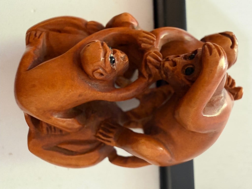 A Japanese Wood Netsuke: Anthropomorphic Bakeneko (Supernatural Cat) and A Signed 19th Century Bo... - 5