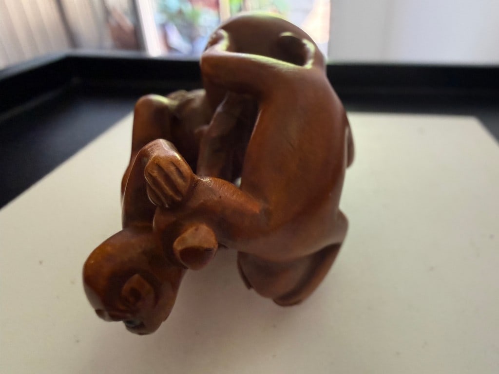A Japanese Wood Netsuke: Anthropomorphic Bakeneko (Supernatural Cat) and A Signed 19th Century Bo... - 6