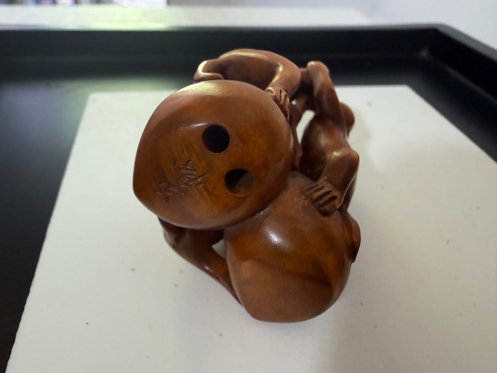 A Japanese Wood Netsuke: Anthropomorphic Bakeneko (Supernatural Cat) and A Signed 19th Century Bo... - 7