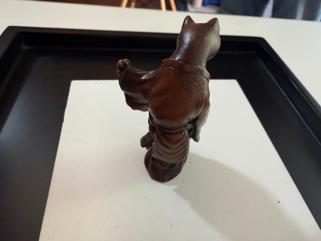 A Japanese Wood Netsuke: Anthropomorphic Bakeneko (Supernatural Cat) and A Signed 19th Century Bo... - 8