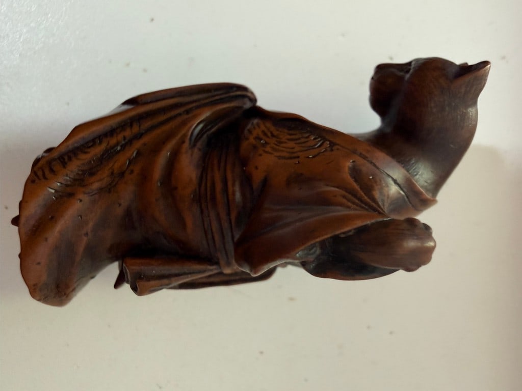 A Japanese Wood Netsuke: Anthropomorphic Bakeneko (Supernatural Cat) and A Signed 19th Century Bo... - 9