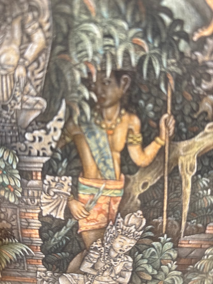 Signed W. Marie Ubud Batuan School, Balinese Painting on Textile, Framed and Matted - 6